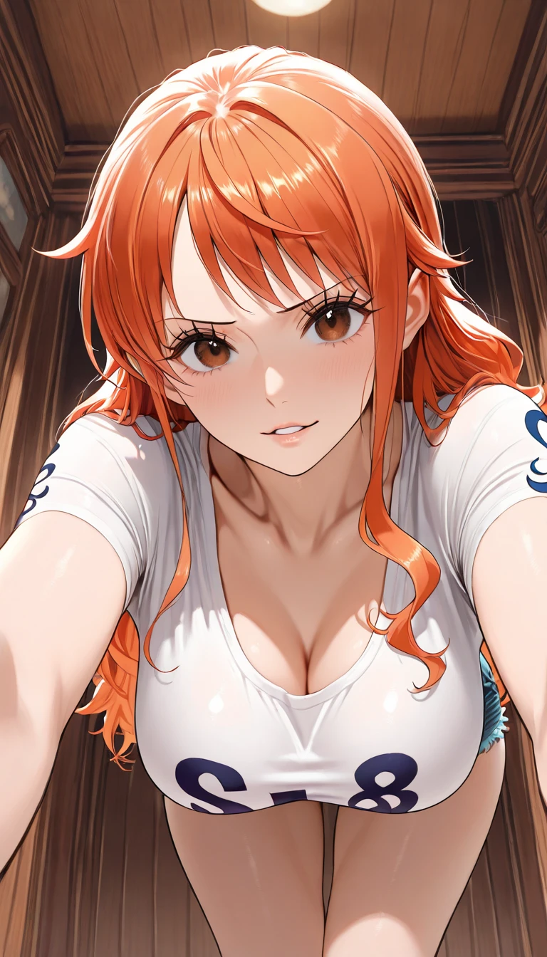 (((masterpiece))), (((best quality))), ((ultra-detailed)), (highly detailed CG illustration), Nami, (nsfw:1.2), (masterpiece:1.5), Detailed Photo, Sexy, (Best Quality: 1.4), (1girl), Beautiful Face, (Orange Hair, long Hair: 1.3), Beautiful Hairstyle, beautiful detail eyes, (realistic skin), beautiful skin, absurd, attractive, ultra high resolution, high definition, (sexually aroused:1.5), Pinkish white skin, cool white light, sexy pose, Beautiful , white background, pink soft white light, Wear a white tank top, (bukkake:1.5),