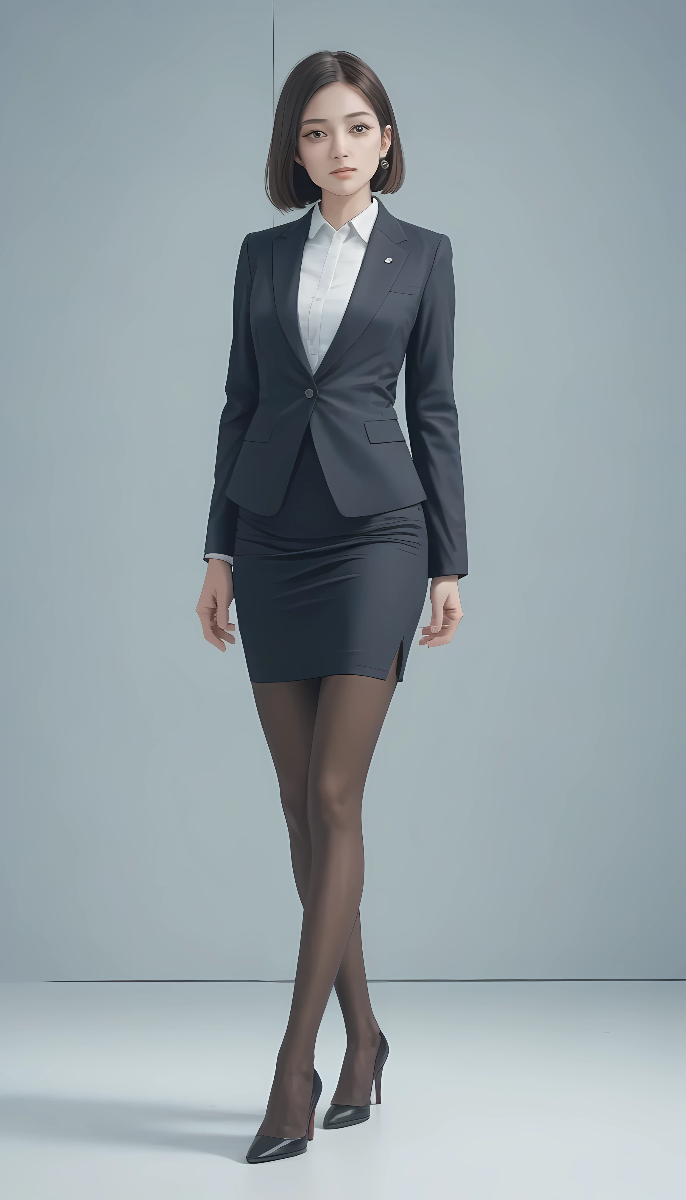1 girl, Alone, full body shot, standing, masterpiece, best quality, great quality, very beautiful, office suit, mini tight skirt, pantyhose, high heel, high resolution, latest