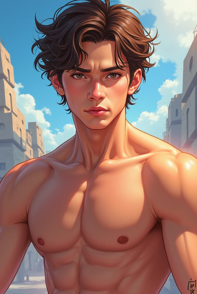 fullbody illustration in anime+yaoi+hentai style, hentai style, a blendmix photograph and painting, perfect divine proportion composition, 8k resolution A young man, latino, cinnmon skin, thin face, straight nose, thin lips, square chin, large black eyes, short black, wavy hair, in roberto ferri style, aesthetic slim athletic body, very tall, latino, realistic skin, gorgeous, realistic detailed tonned muscles, barefoot, perfect anatomy, muscled fitness body, 195cm tall, realistic skin, skinny realistic detailed muscles, he is(( NAKED)), ((wearing green little shorts)) shirtless, pantless, baerfoot  standing on a rock in Central Park , New York arms up barefoot, perfect detailed feet, relaxed body lenguaje, relaxed face expresion. ((side view, storbe lighting, Leading Lines composition )) background art central park Angel of bethesta fountain, golden hour, people walking
