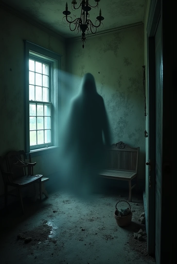 A scary or creepy room in an addiction rehabilitation center where there is a shadow of a human