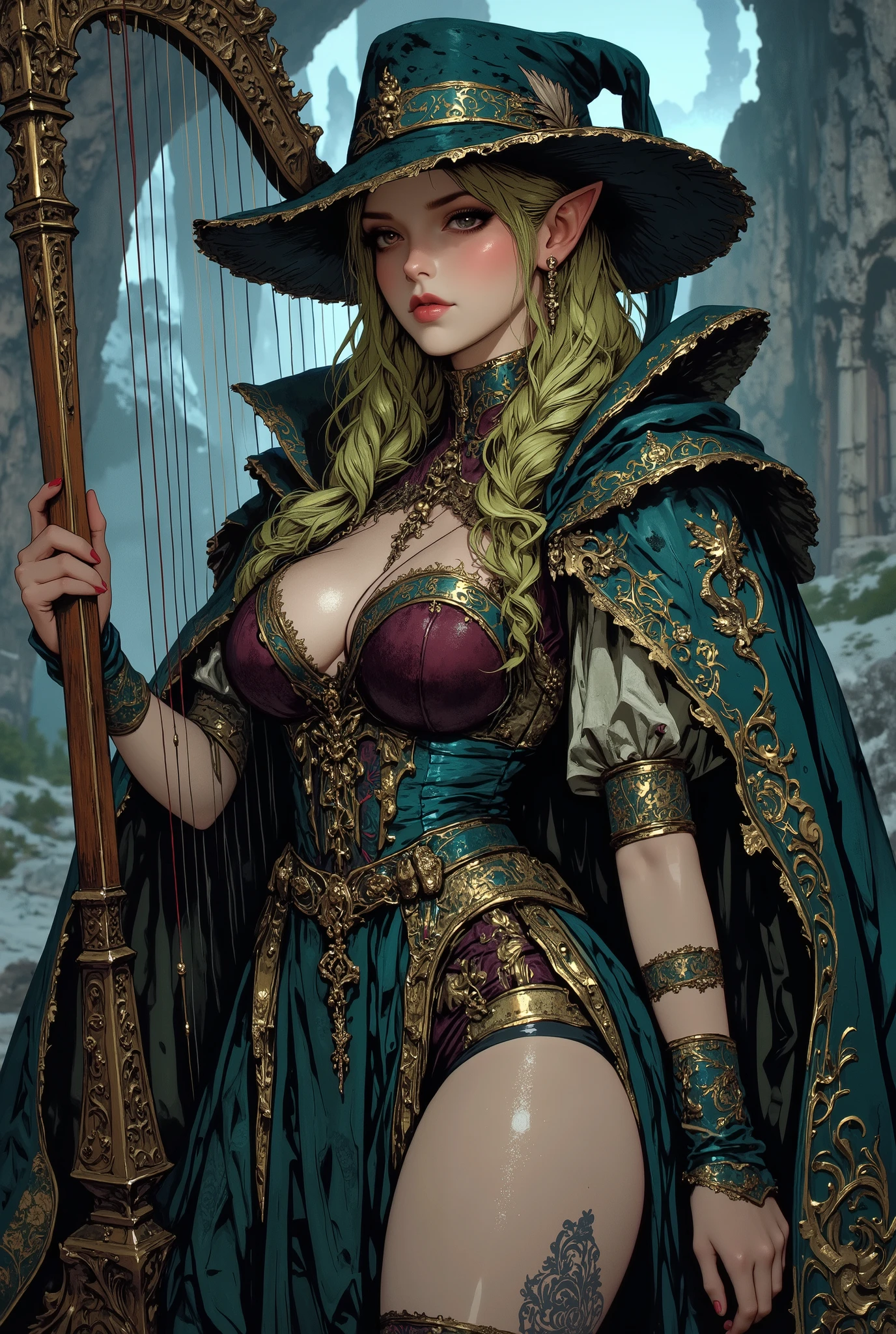 Elven magician ca. 20 years with only slightly pointed ears. huge breasts. Huge breasts. Platinum blonde, curly hair down to the hips. necklaces, ear rings, Piercing in the belly button. full body picture.