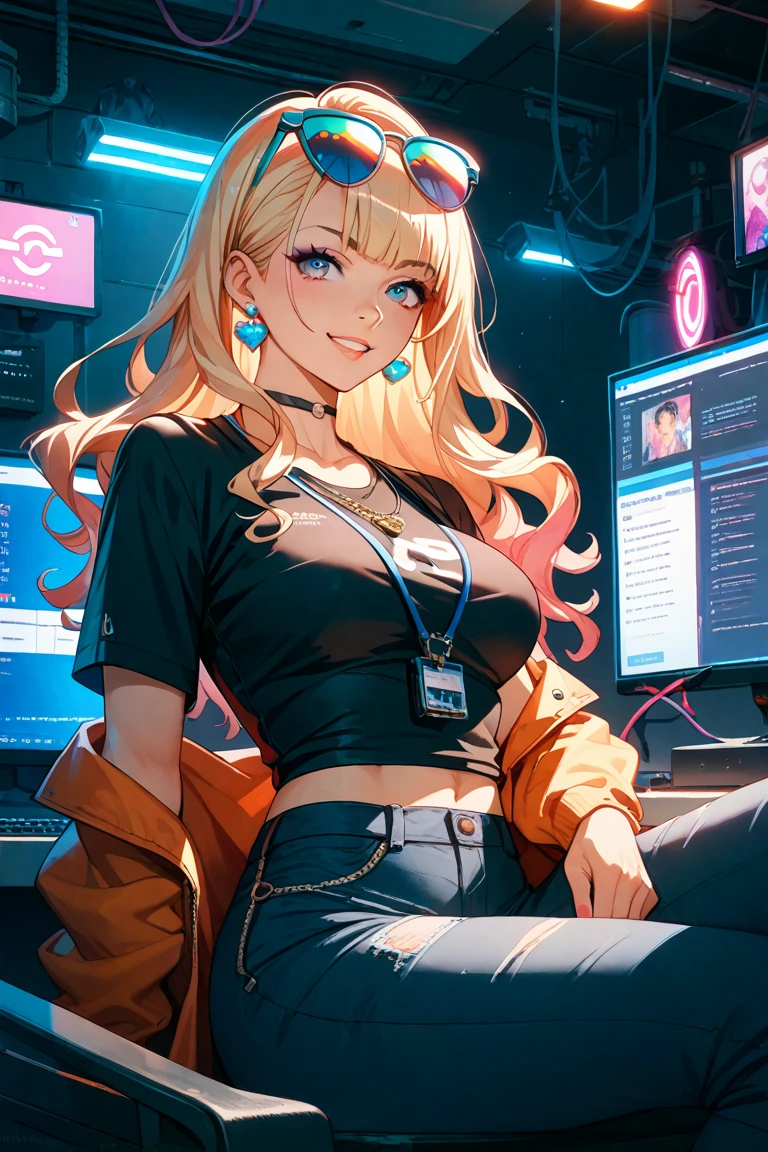 1girl, (Blue eyes), (smiling :1.2), (Sana Minatozaki), wide hips, Big tits :1.2, big ass, (Best Quality, 8k, Masterpiece: 1.3), Clear Focus: 1.2, Perfect Body Beauty: 1.4, Highly detailed face and skin texture, detailed eyes, double eyelids, (blonde long straight hair :1.2), dressed stylishly, cleavage Black T-shirt, statement earrings, jewelry, Upper body shot, background: colorful rainbow wall :1.3, Cool