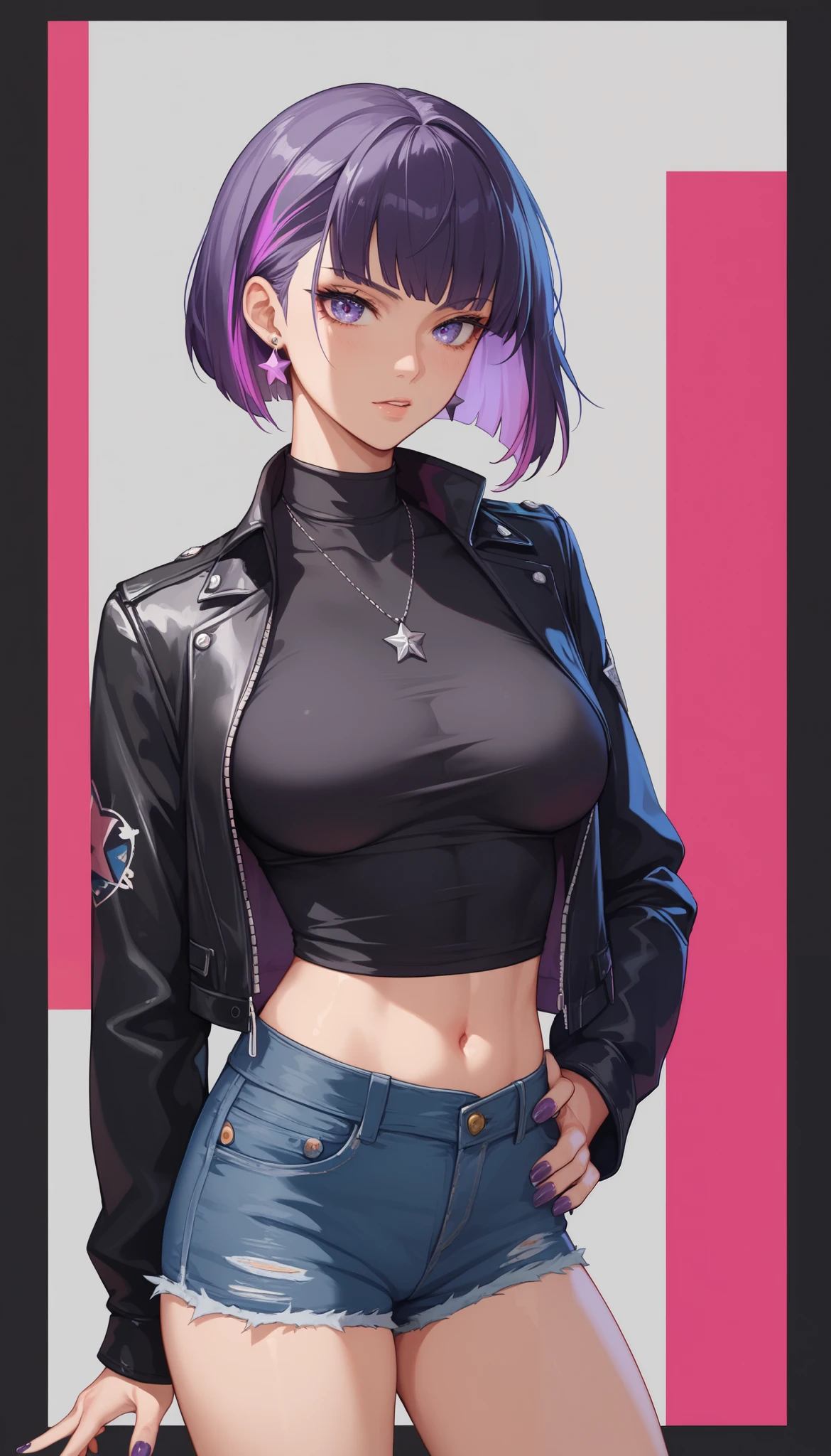 an adult and serious woman with short hair in a large wavy bob cut, dark purple hair with light purple highlights, ela usa um short jeans, a black blouse and a short jacket Open top. Dark purple nails. breasts, tall stature. She wears a silver star earring. Flat gray background