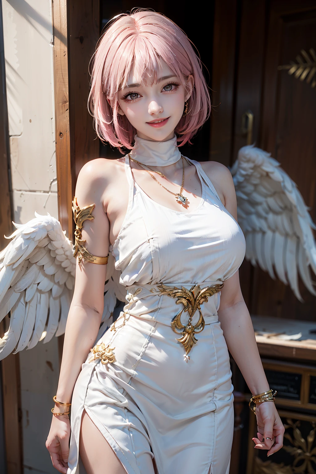 Women, early 20s, short silky pink hair with yellow tips, angel wings, gold armlet, gold bracelet, golden eyes, smug, smirk, one raised eyebrow, golden tattoo, white turtleneck greek one-shoulder dress, white skirt, standing up.