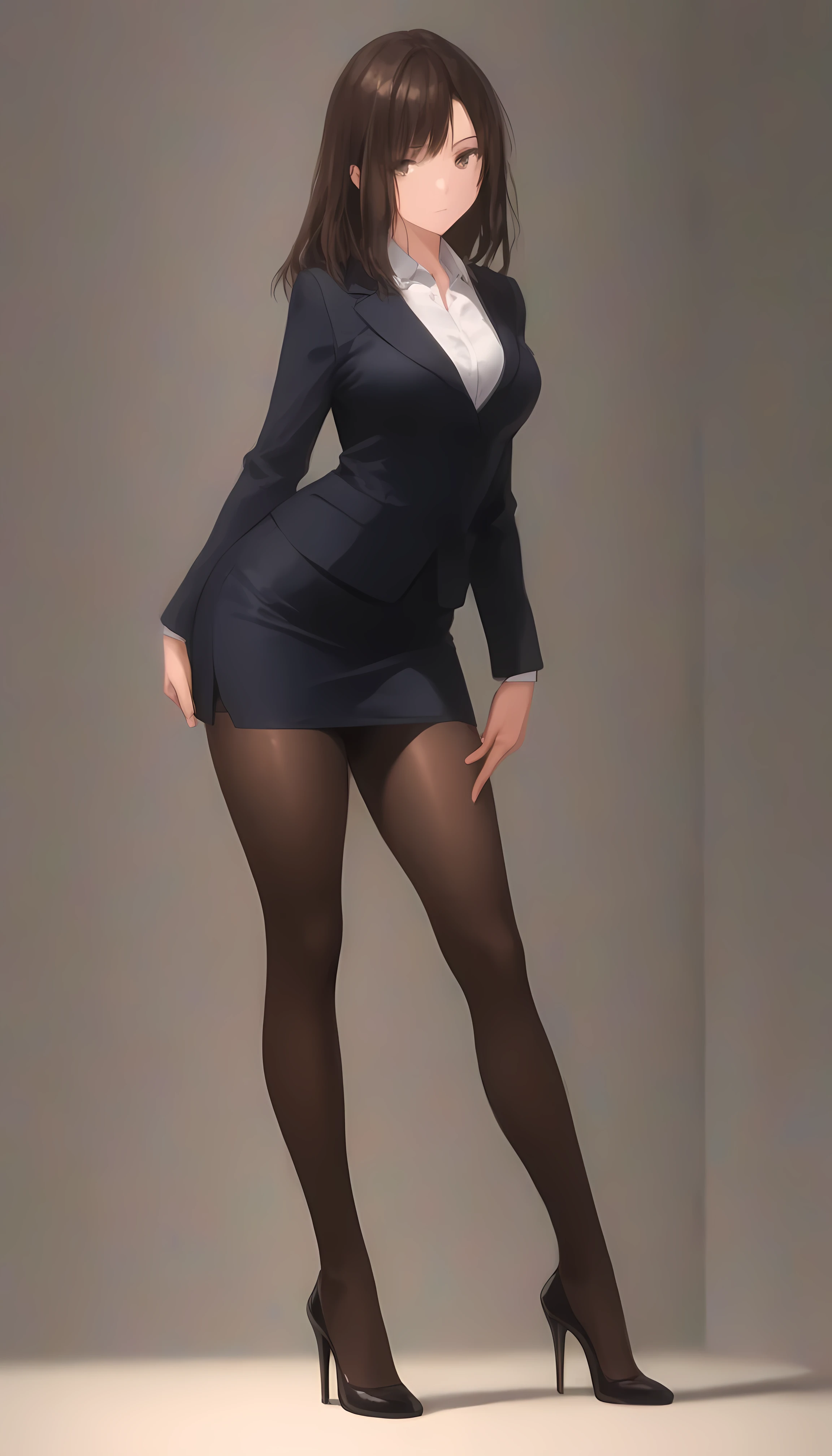 1 girl, Alone, full body shot, standing, masterpiece, best quality, great quality, very beautiful, office suit, mini tight skirt, pantyhose, high heel, high resolution, latest