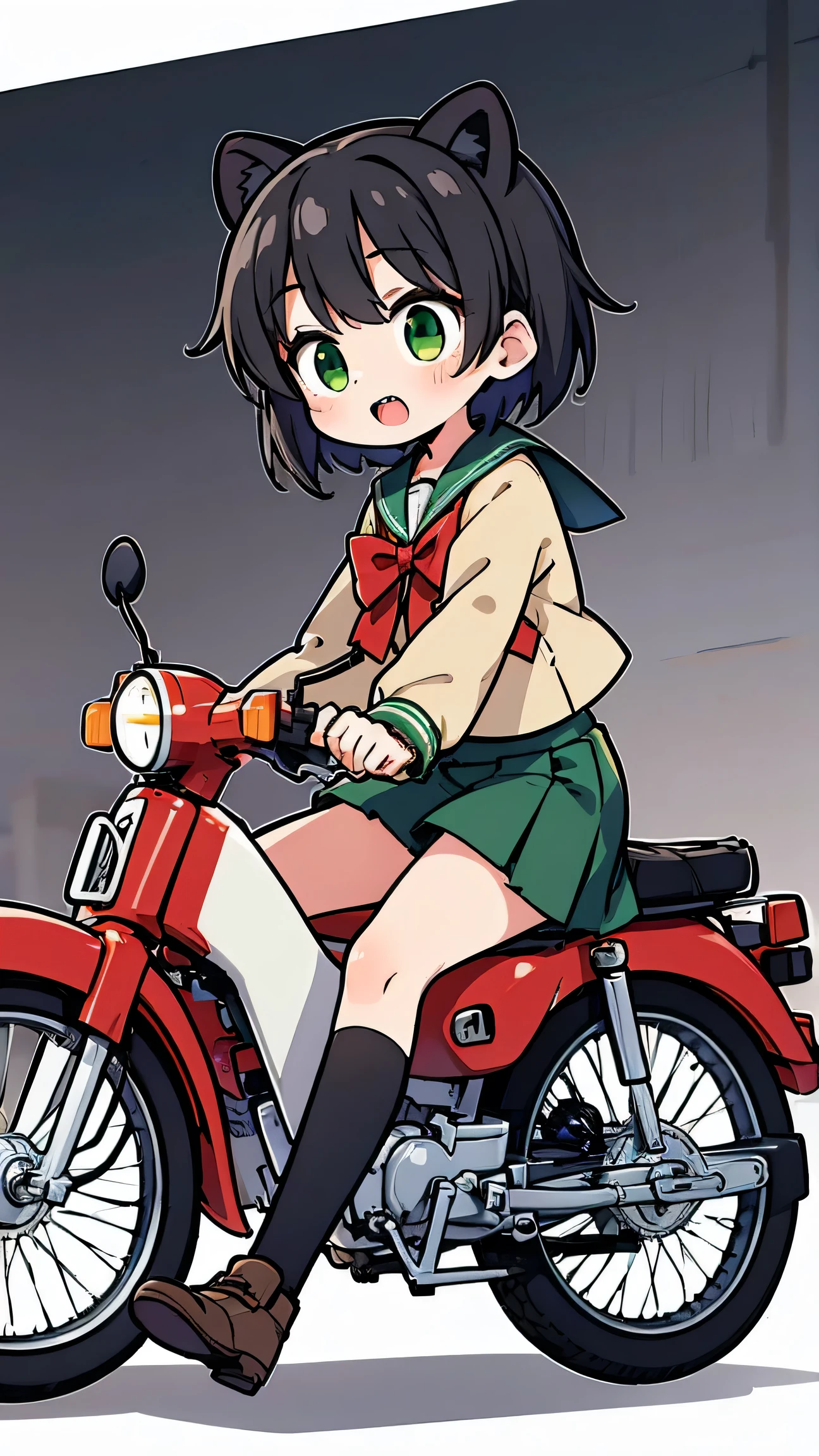 anime style、 woman、 Raccoon Ears、Raccoon Tail、 black hair、 green eyes、 short hair、 Green Sailor Suit、Red Ribbon、long skirt、knee-high、 double teeth、riding a motorcycle