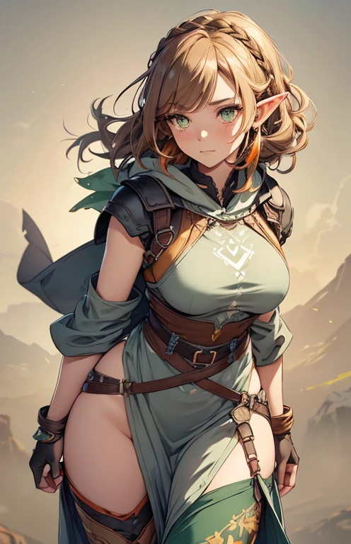 flat chests, nsfw, masterpiece, 1 girl, erect nipples, intricately detailed, topless, navel, bare shoulders, necklace, orange hair, green skirt, elf ear, leather belt, mountainous horizon, mountains, forest, blue sky, extremely detailed, photorealistic, octane render, 8 k, unreal engine, bare breasts, , green eyes, archer, bow and arrows, bare stomach, sweaty, moist breath, child, arm strap, one side braid, 1 ear exposed, bangs, bandana, long nails, smiling, freckles, crossbow, gold bracelet, open mouth