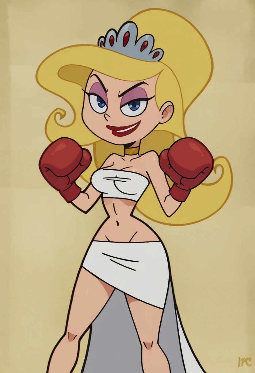 score_9, score_8_up, score_7_up, source_cartoon, retro artstyle, Eris, blonde hair, blue eyes, tiara, zPDXL, best quality, amazing quality, score 9, 1girl, evil smile, looking at viewer, huge boxing gloves, huge boxing gloves, rounded boxing gloves, red boxing gloves, red boxing gloves, red boxing gloves, red boxing gloves, red boxing gloves, bandeau, sarong, choker,