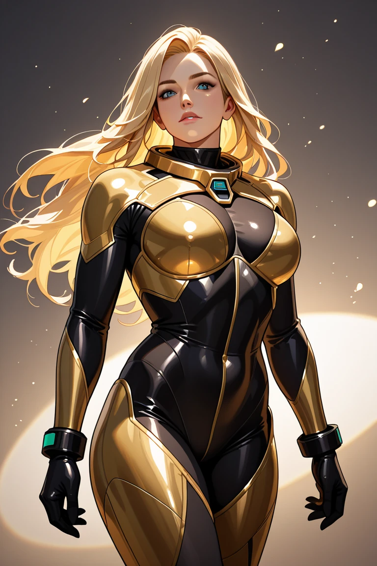 light smile on face,young blonde girl in a black with gold accent space suit, full body, seductive pose, beautiful body, blue eyes, no background, ponytail, muscular, 