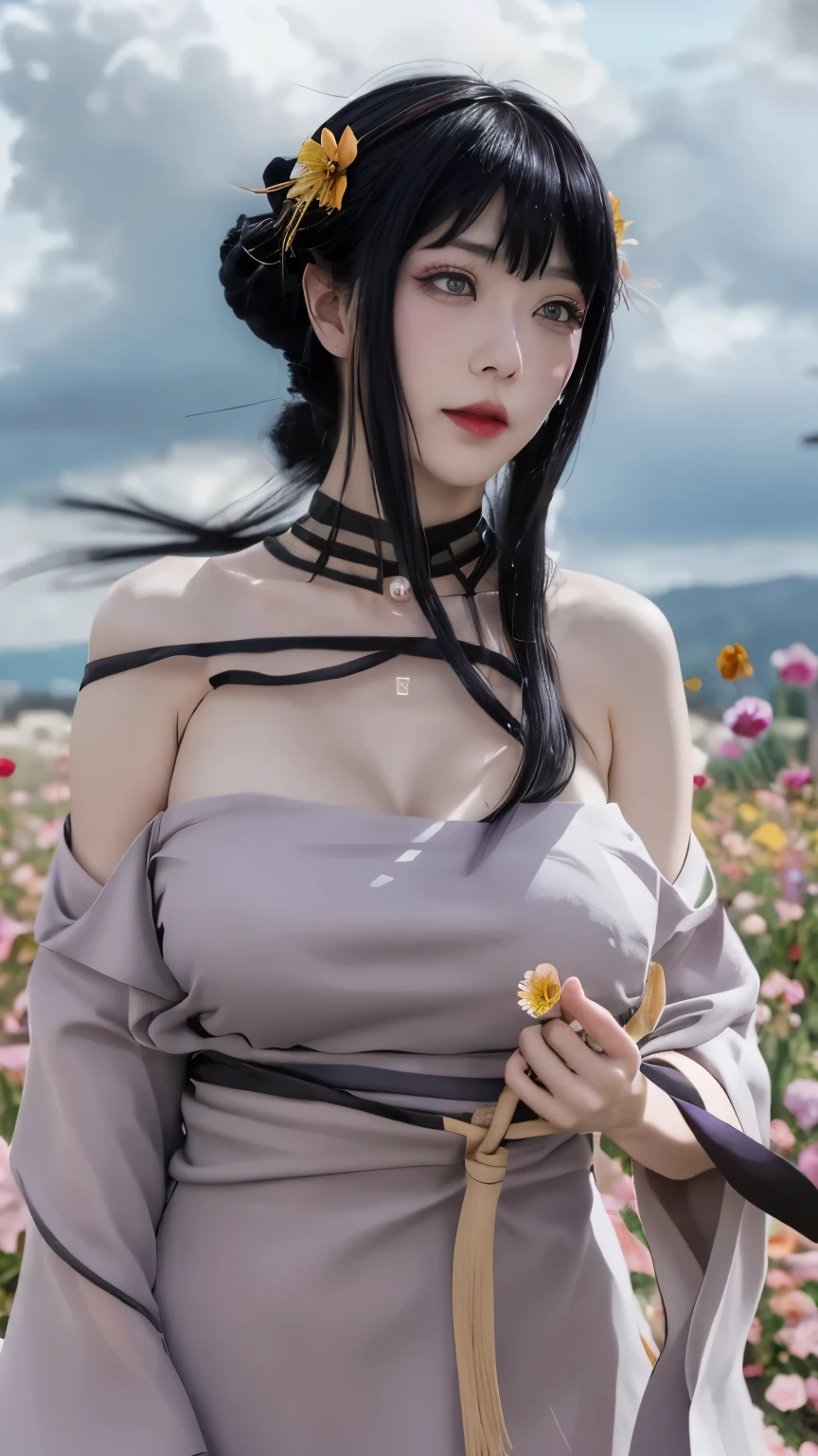 yor, Mature female, bangs, side locks, Red eyes, Black hair, hair adornments,sportrait, (face:1.2), schoolgirls, ssmile,bare shoulders, Black hair, cherry blossom, cleavage, (Robe:1.21), 鎖骨, Willow Branch, (masterpiece best quality :1.2),