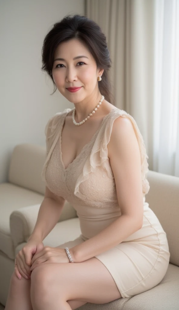 a beautiful elegant mature japanese woman, 55 years old mature lady, slim figure, lady, extremely detailed face, beautiful lips, extremely detailed face, long eyelashes, chubby body type, princess dress, ((full body)), sexy, glamorous, ((low ponytail)), pearl necklace, red lipstick, charismatic, sitting on a sofa