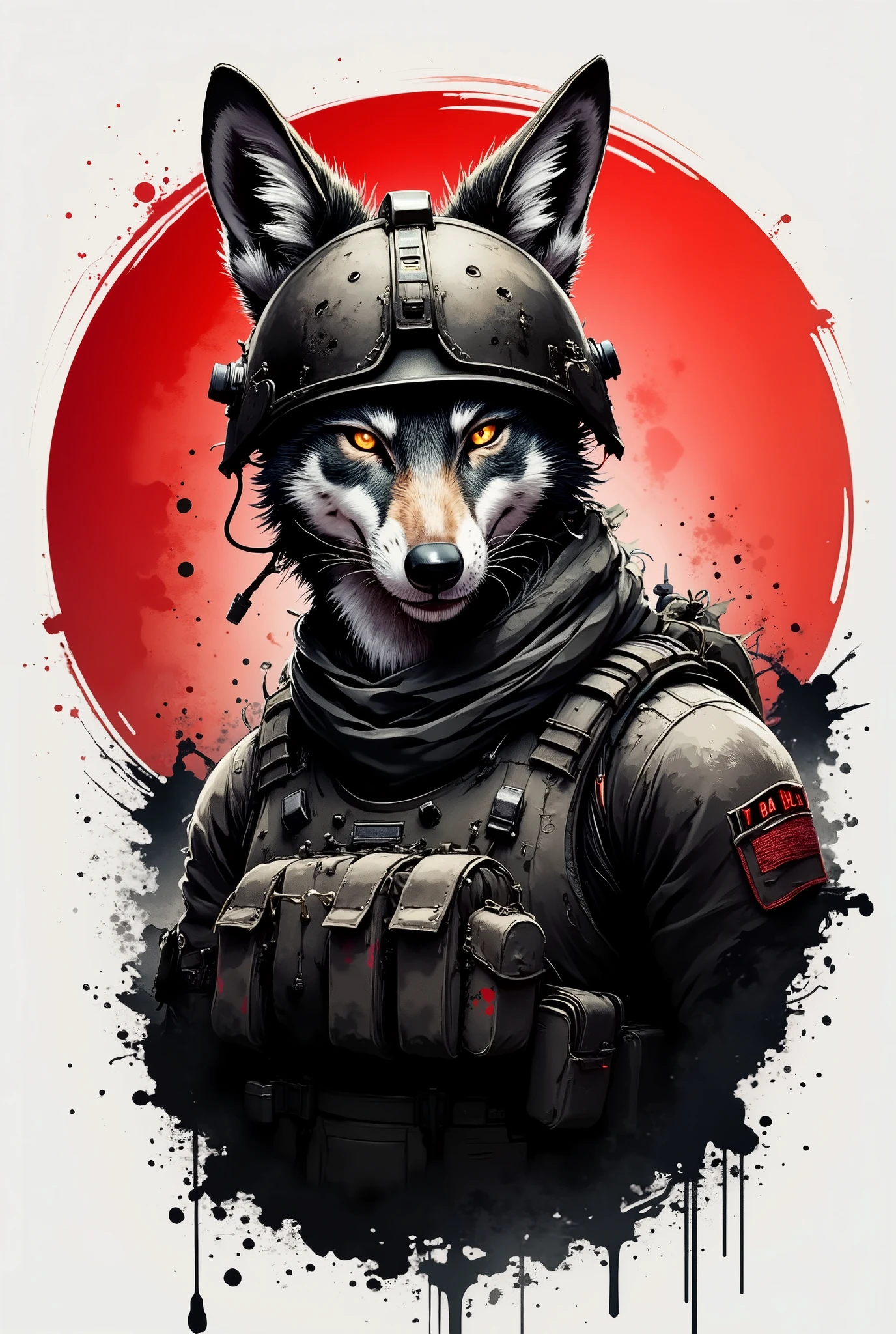 stylized illustration of an anthropomorphic coyote wearing tactical airsoft gear, created in a paintbrush-stroke style with visible ink or paint marks. The coyote has a fierce and determined expression, with its fur depicted through expressive black and white brushstrokes. It wears a military helmet with an tactical headset with a microphone. A scarf or shemagh is wrapped around its neck, and its tactical vest features pouches and straps, but with a loose, textured, painterly finish.
The background features a bold red circle, painted with rough edges and splatter effects, contrasting against a solid black backdrop. The overall style should resemble artwork created with acrylic or spray paint, giving it a dynamic, aggressive, and urban military illustration feel.