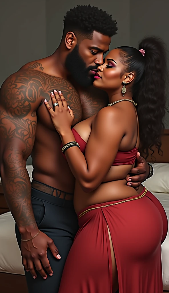 photorealistic, African American couple, man and woman kissing, kissing, dreadlocks or braids, beautiful, dark skin, sexy, (Best quality, 8k, 32k, Masterpiece, UHD), no bra, no shirt, naked, 32K wallpaper, bath tub background, (a woman with a big ass, voluptuous, and thick body figure), big lips, oily skin, nighttime, candles and roses around, sweaty, dripping wet, passion, affectionate, hearts floating everywhere