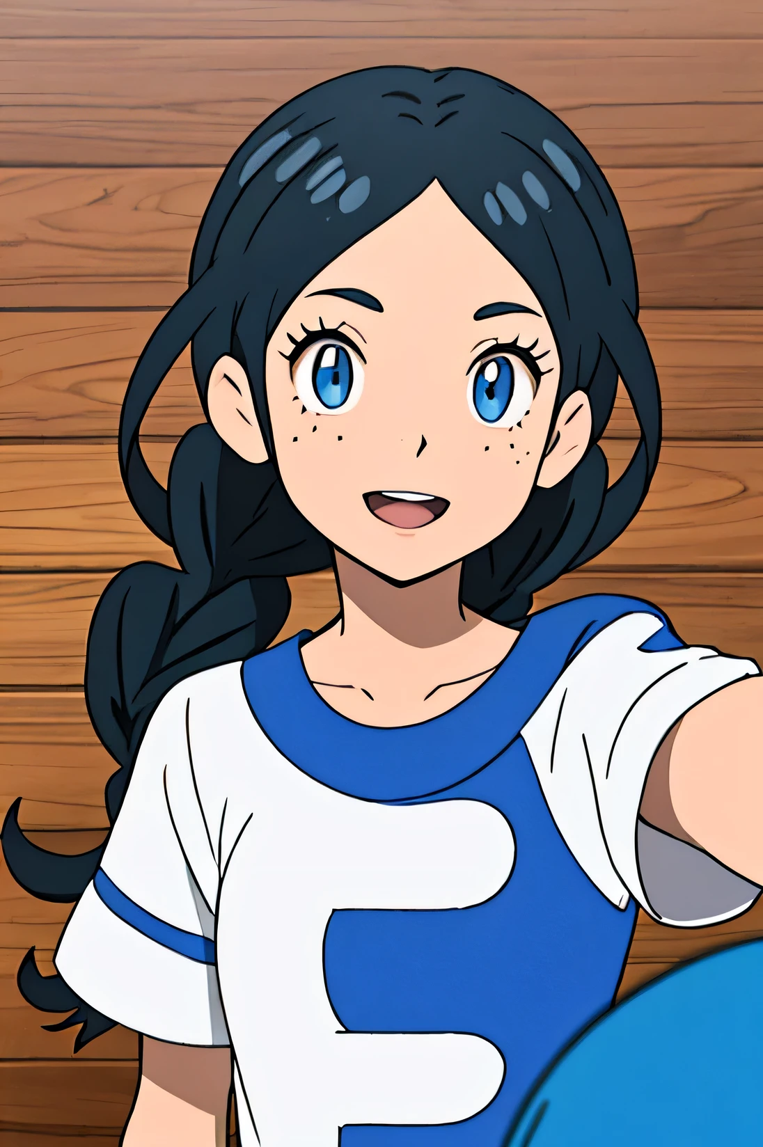 Create a high-quality image of a young woman with very fair skin and a petite, slender frame with delicate, small features such as her small bust. Her long, jet-black hair is neatly styled into two French braids starting from the top of her head, leaving her forehead completely uncovered without bangs or loose strands. She has striking ice-blue eyes and a scattering of freckles across her face, adding to her youthful charm. Her expression is young, bright, cheerful, and outgoing, radiating energy and friendliness. She wears a short-sleeved, horizontally striped shirt in bold blue and orange, paired with long, well-fitted jeans and clean white sneakers, giving her a casual yet lively appearance. The background should be simple and natural, ensuring the focus remains on her vibrant personality and expressive features. The image must remain strictly safe for work, capturing her joyful and extroverted essence with a dynamic and engaging composition.