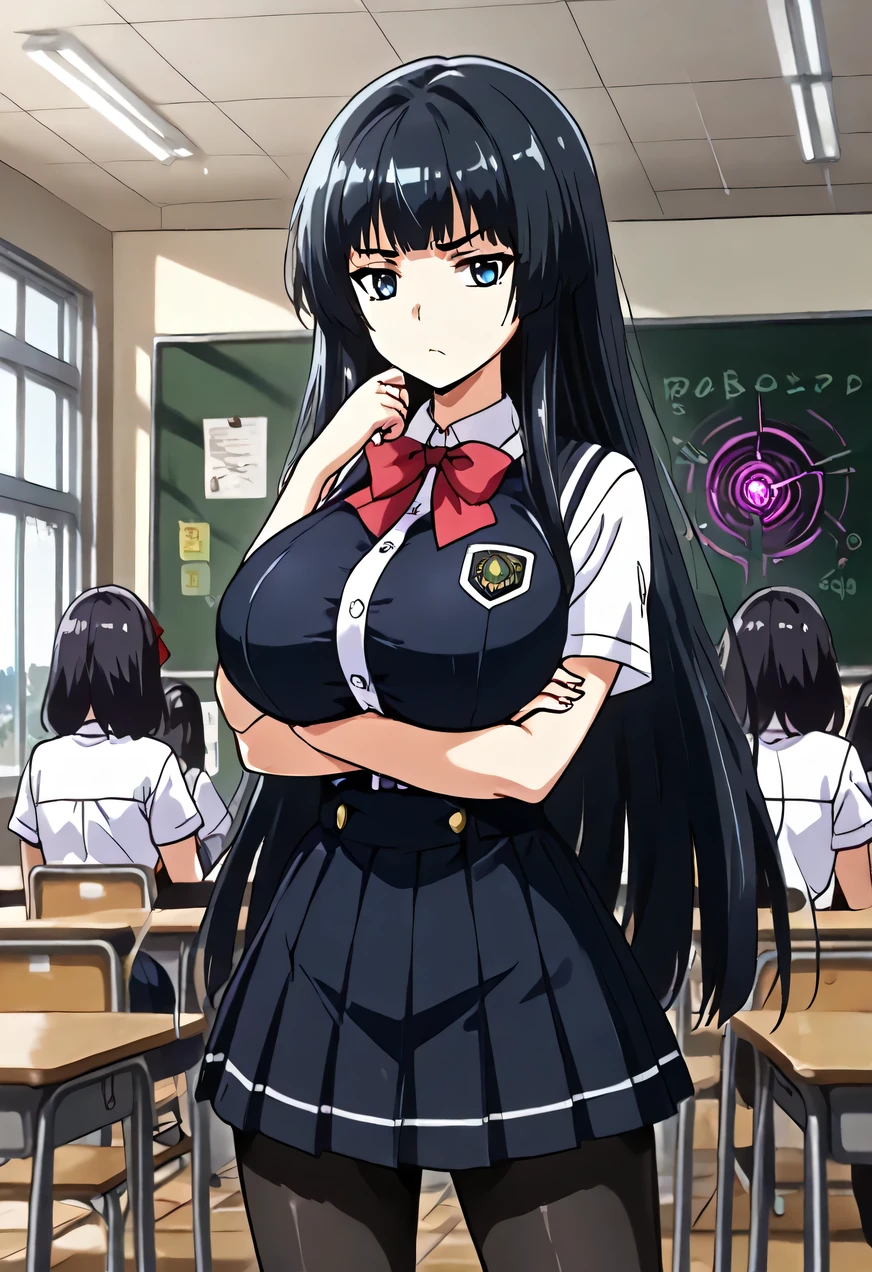 4K resolution , masterpiece, absurd, highly detailed, highres, High quality, envelopes , score_9, score_8_arriba, score_7_arriba, score_6_arriba, animated_ source , source _ animated, animated coloring, high resolution, detailed face , envelopes , ultra-detailed eyes , Retrato de high resolution, sharp detail, subtle redness , vivid eyes with subtle reflections, masterpiece, source _ animated, animated style, cowboy shot , rare sight,
BREAK,
a girl, Alone , Alone focus, looking at the spectator, black hair , Long hair ,blue eyes , huge breasts, sexy, with non-straight line , Volarribatuous, red bow, school uniform , shirt, mangas abullonadas, short sleeves , pleated skirt, skirt, black tights , white blouse, white sleeves, thinking, con los arms crossed , arms crossed , relaxed posture, presumed, of foot,
BREAK,
Internal, classroom, windows, daytime, day, natural lighting ,