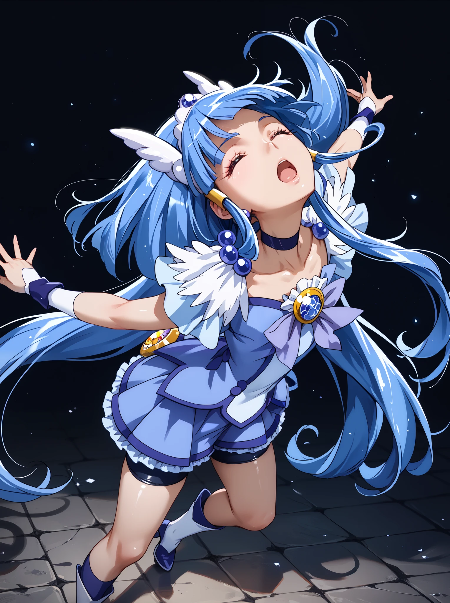 1girl, solo, ((curebeauty)), shiny skin,(arched back:1.2),anime coloring,stone floor,black background,dark blue bike shorts,closed eyes,open mouth,looking up,standing on tiptoe,(from front:1.3)