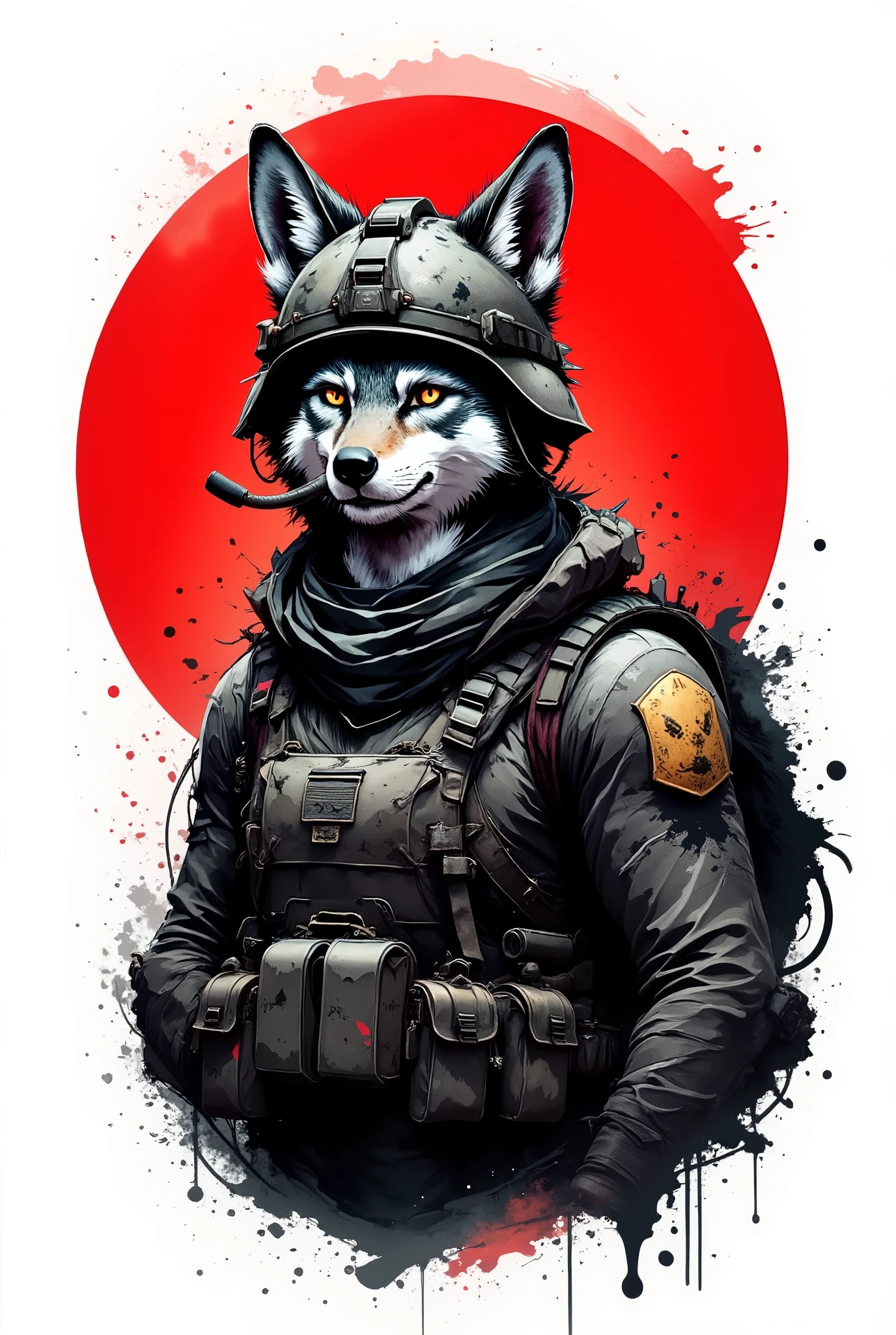  stylized illustration of an anthropomorphic coyote wearing tactical airsoft gear, created in a paintbrush-stroke style with visible ink or paint marks. The coyote has a fierce and determined expression, with its fur depicted through expressive black and white brushstrokes. It wears a military helmet with an tactical headset with a microphone. A scarf or shemagh is wrapped around its neck, and its tactical vest features pouches and straps, but with a loose, textured, painterly finish.

The background features a bold red circle, painted with rough edges and splatter effects, contrasting against a solid black backdrop. The overall style should resemble artwork created with acrylic or spray paint, giving it a dynamic, aggressive, and urban military illustration feel.