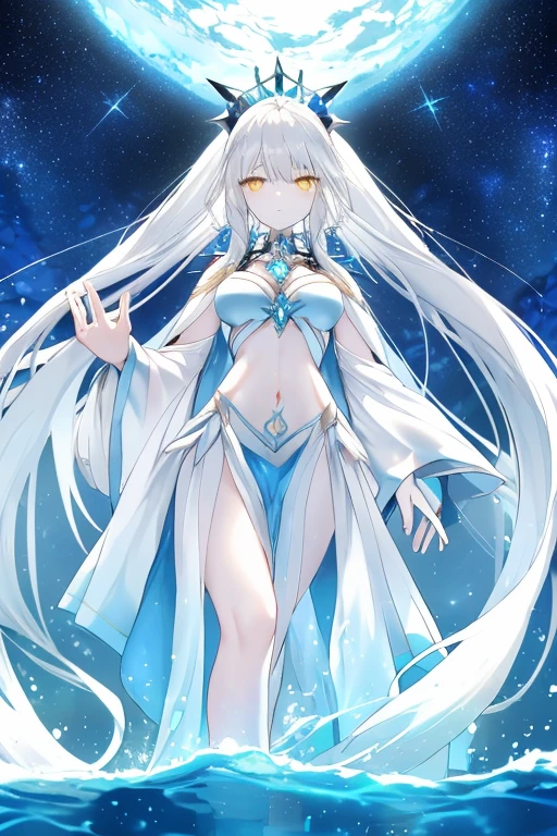 Pale woman with long gray hair. Her eyes are cold and mysterious.She is dressed in a light dress with patterns in the form of stars, giving it an airy aura. A slight touch of magic surrounds her appearance. There are also silver jewelry depicting the stars and the moon. Chains are attached to the dress, that wrap around her body, as a symbol of mystical connection with mysterious forces.