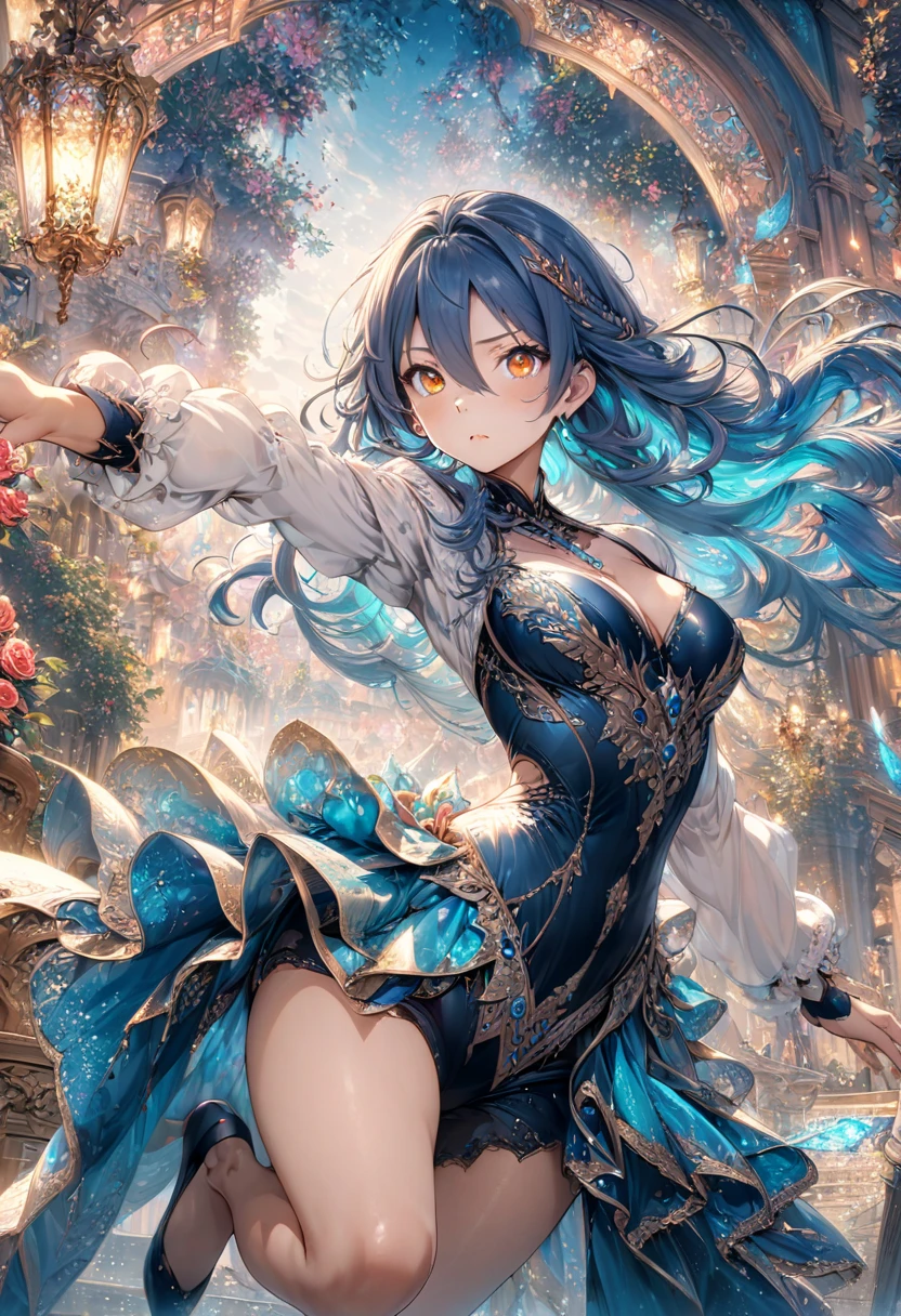 Blue Rose(1.5)、Rose Park(1.5)、(masutepiece:1.3), (8K, Photorealistic, Raw photo, Best Quality: 1.4), Beautiful face, (Realistic face), Beautiful detailed eyes, (Realistic skin), Attractive, Intricate details,Golden ratio,  1 girl,Naughty smile, (rainbow hair:1.4),((Long twintails,Ribbon 1.4)),blue dressrie butterfly hair ornament１.3),Dynamic Pose,Dynamic Angle,Intricate details, Hyper realistic、A smile、Smiling、Face enhancement、Deitiesの光、Deities、Heaven、rainbows
