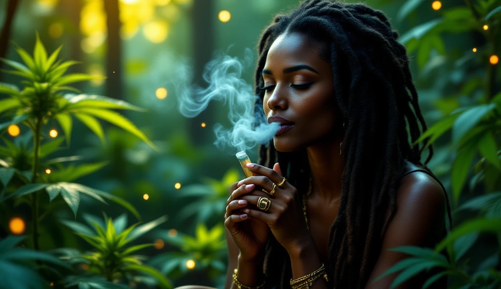 Sindy, a beautiful woman with sculpted body and afro hair braided with dreadlocks that fall like braids, and smokes big joints. Known as the queen of cannabis, she exudes power and wealth, with a lush garden of marijuana plants blooming in the background. Her throne room is bathed in a warm, nebulous light, full of sweet aromas of her signature variety, known for its powerful aphrodisiac effects. Sindy, half-naked in a transparent green and gold lace dress clinging to her voluptuous curves, is engaged in a crowded orgy of men and women prey to sexual desire who love each other. Her faithful bodyguard, El Mandingo, a massive figure with an equally impressive physique, kneels before her, with his head buried between the hairy vagina of Sindy licks her with passion and dedication not leaving out any point and focusing on the swollen clitoris of pleasure. Her long and powerful tongue worships her masterfully as she arches her back in ecstasy, eyes closed and mouth open in a silent cry of pleasure, Which makes her smoke out of the nose and mouth previously sucked from the joint she’s holding in her hand. At her sides, the pious blonde Cassandra and the fiery redhead Ramona take care of their queen, Their expert hands glide over her tight, tall breasts and rounded buttocks in a sensual massage. A nearby table is filled with a smorgasbord of smoking accessories, fine wines and exotic snacks. All three are wrapped in a cloud of thick, fragrant smoke, which rises from the oversized spinach that Sindy holds in one hand, her finger adorned with jewels that shine in the soft glow of the room. The scene is one of passion and unbridled sex, a testimony to the queen’s domination over the illicit realm of desire and euphoria.
