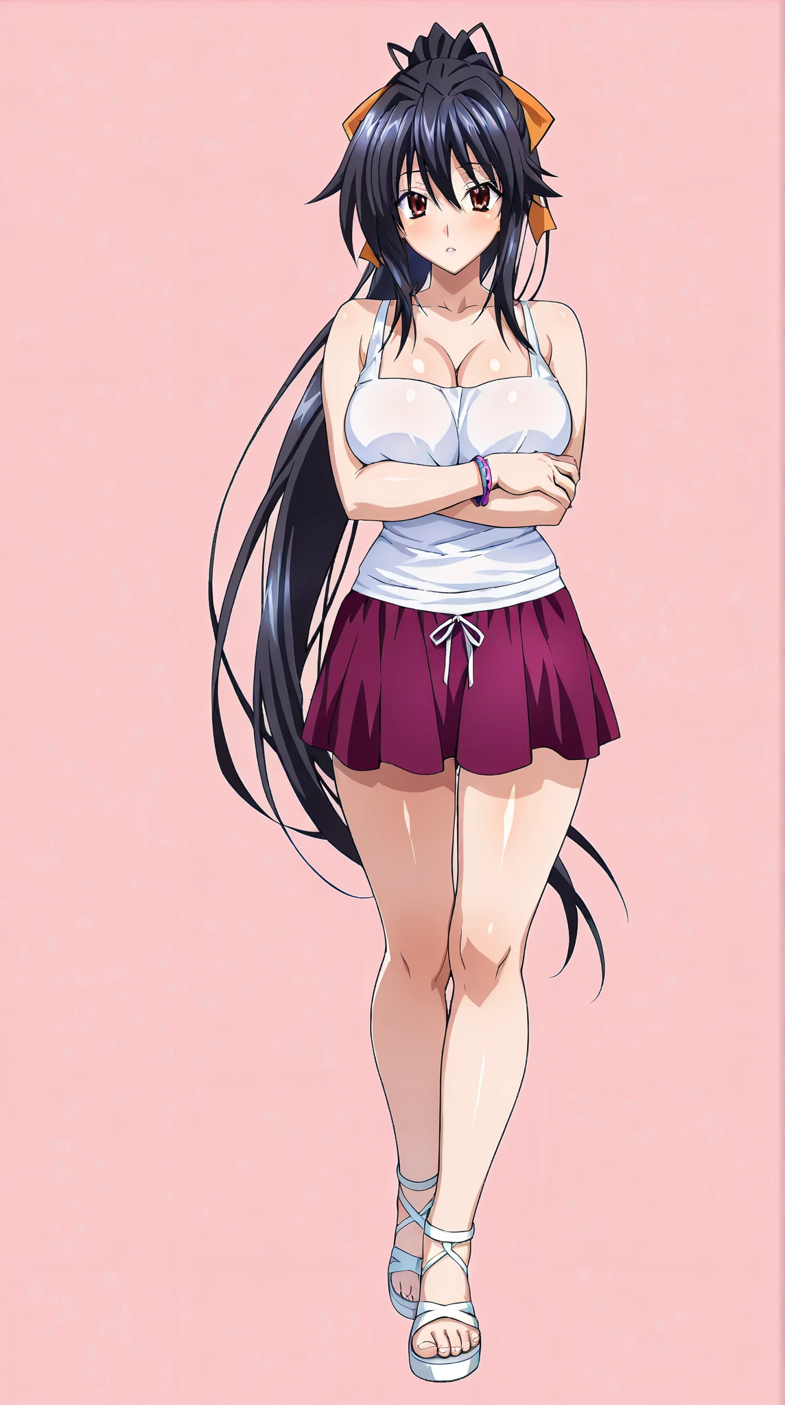 Mizushima Asa, a busty girl with beautiful legs, stands wearing casual clothes and jeans hotpants that look like panties.。