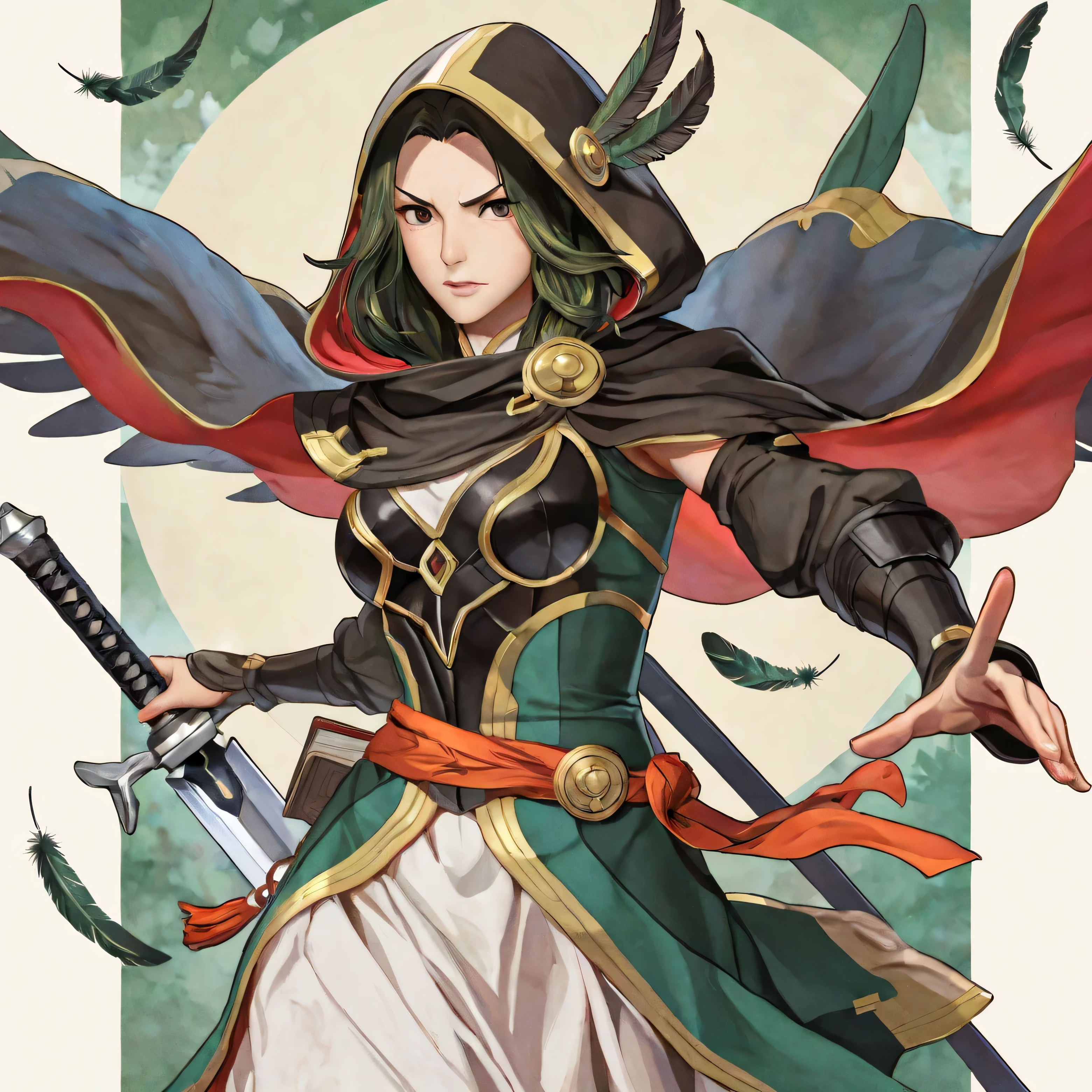Create a detailed illustration of Raven Wingson – The Ronin of the Skies, inspired by the visual universe of the Root board game and book. Depict an anthropomorphic hummingbird—small, agile, and with a determined expression that reflects his inner struggle and the weight of his ancestral legacy from the Eyrie Dynasties. His plumage should feature vibrant hawk-like brown tones with dark green-tipped feathers, adding a mystical and elegant touch. Dress him in a flowing, hooded cape styled as a ronin, without traditional armor, and adorn his waist with two finely crafted daggers that replace classic katanas. On his back, showcase a robust sword sheath with a design reminiscent of Guts from Berserk, featuring a hilt that echoes a fencing sword. The background should evoke a fantastic landscape with natural elements, watercolor textures, and a folkloric atmosphere true to the unique style of Root.