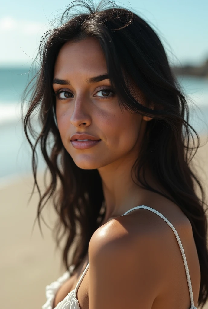 uma fotografia de uma mulher morena com cabelos varridos pelo vento, your hair tangled like flames against a twilight sky, emanating indomitable beauty