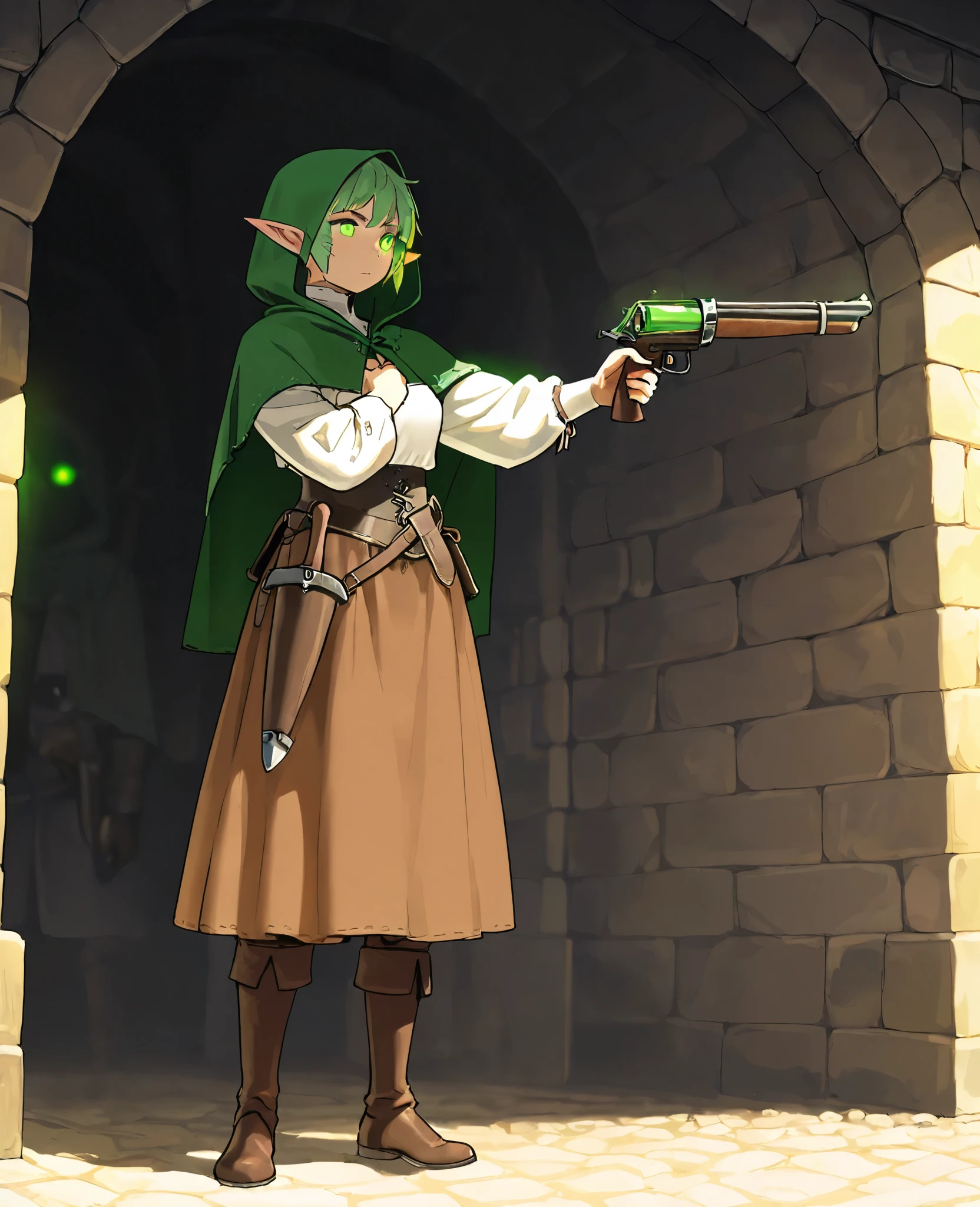 high quality,masterpiece,detailed description,Alone,girl,, elf girl ,Low body, green hair,Green glowing eyes,long sideburns,short cut hair, green hood,white shirt,brown skirt, medieval attire,fantasy,Adventurer,Right hand with a bow gun on the arm,long boots