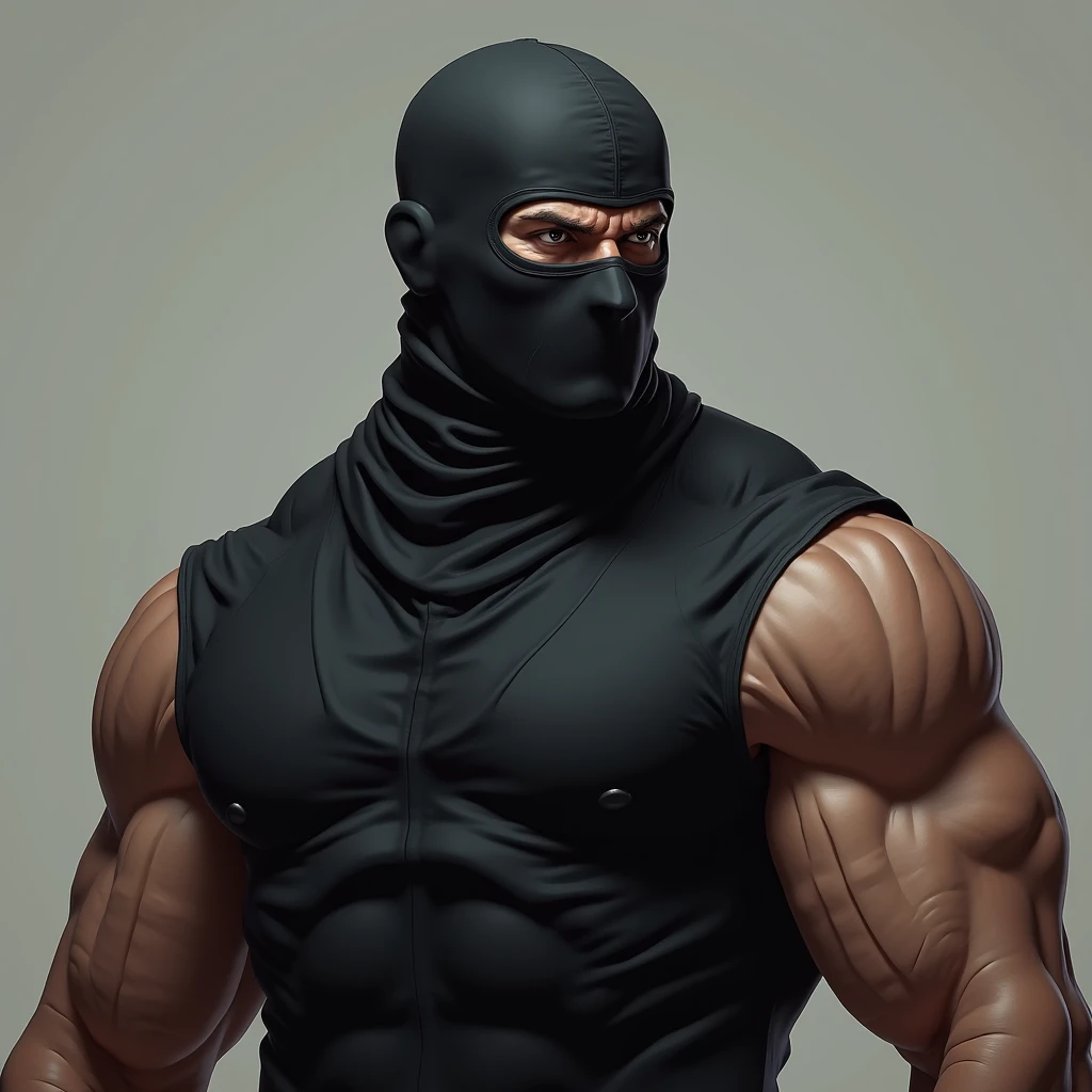 A capoeira fighter with a black head and a black mask on his face. Shirtless black man. A fighter.