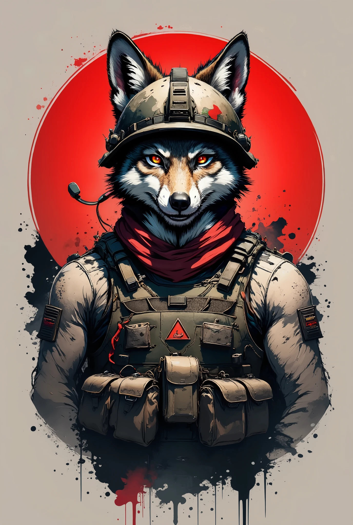 stylized illustration of an anthropomorphic coyote wearing tactical airsoft gear, created in a paintbrush-stroke style with visible ink or paint marks. The coyote has a fierce and determined expression, with its fur depicted through expressive black and white brushstrokes. It wears a military helmet with an tactical headset with a microphone. A scarf or shemagh is wrapped around its neck, and its tactical vest features pouches and straps, but with a loose, textured, painterly finish.
The background features a bold red circle, painted with rough edges and splatter effects, contrasting against a solid black backdrop. The overall style should resemble artwork created with acrylic or spray paint, giving it a dynamic, aggressive, and urban military illustration feel.