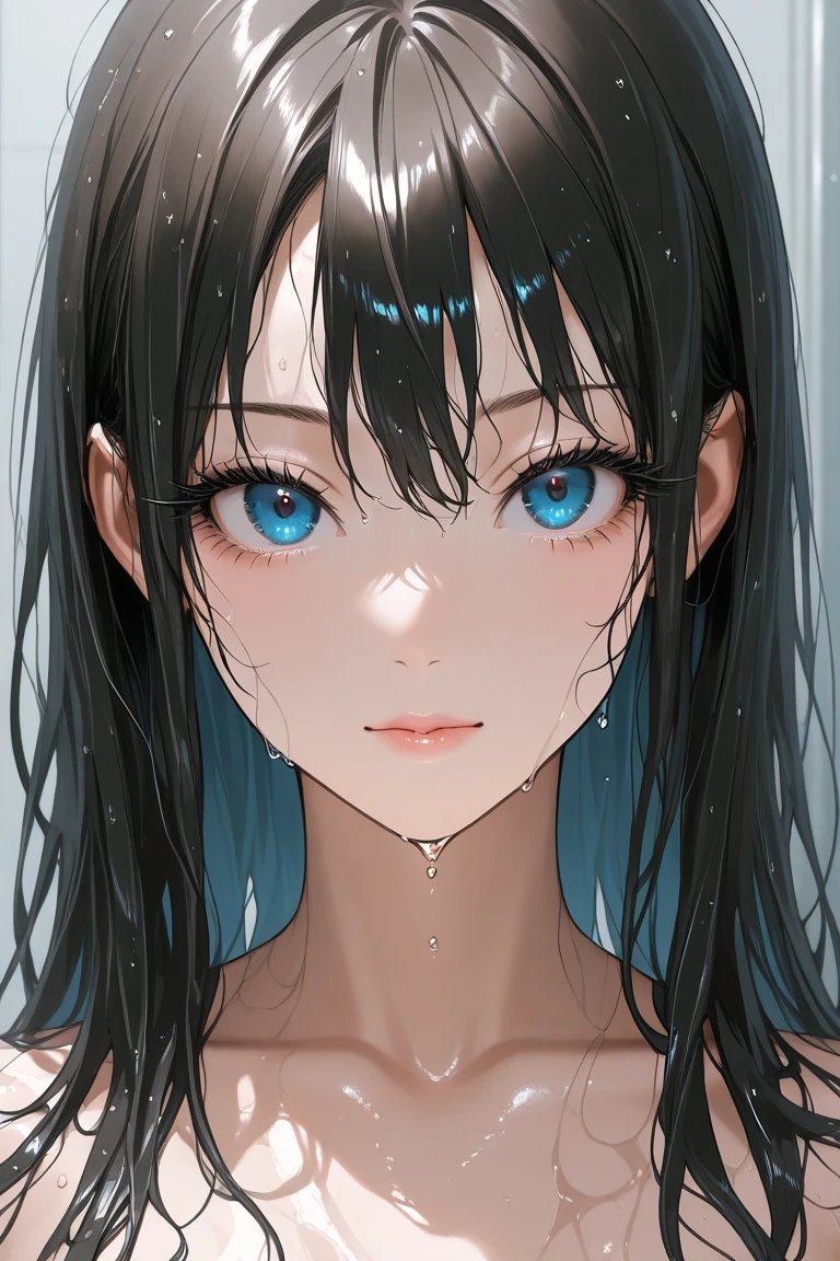 (masterpiece), best quality, expressive eyes, perfect face, Girl,long dark iridescent hair, iridescent eyes, small waist, small , large thighs,wet transparent clothes