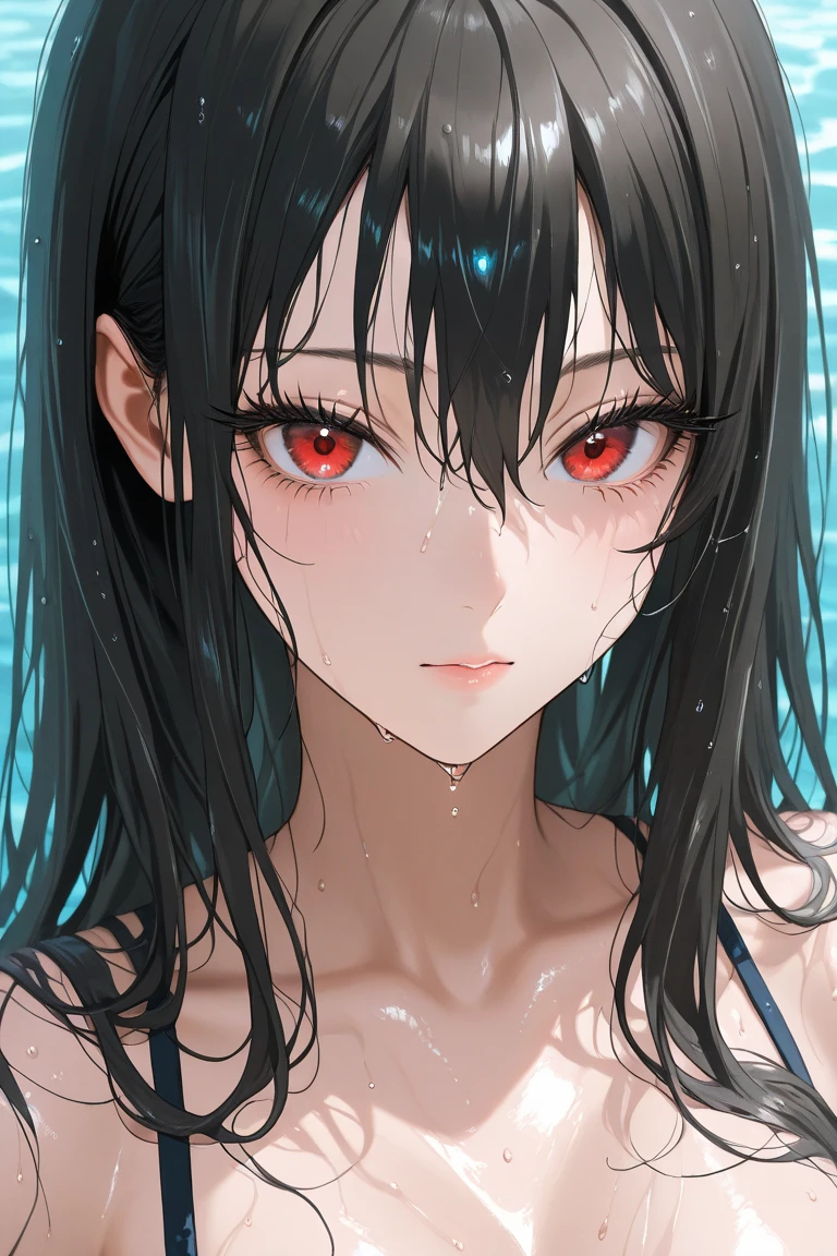 ((top quality, Very delicate, masterpiece)), (A detailed face,) ((detailed look:1.8, Highlighted red eyes)), full body, young adult, black hair, red hair ends, airy hair, half up, Seductive smile, Athletic, ((sunglasses, choker, earrings, tattoo)), (Very large breasts), wet skin:1.5 ,(red tank top bikini), Night pool, showcasing cleavage, Seductively Posing, high angle:1.5, looking up,