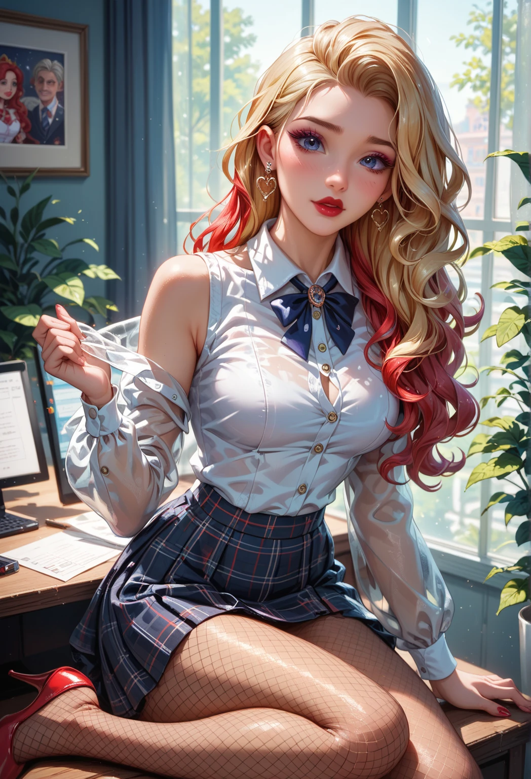Close up portrait of woman in plaid skirt and white shirt, dressed as schoolgirl, a hyperrealistic schoolgirl, Realistic Schoolgirl, Cute Schoolgirl, a hyperrealistic schoolgirl, School Girl, wearing honey - themed miniskirt, high quality costume, magic school uniform, magical school student uniform, full subject shown in photo, School uniform, Reveal costumes(((爆乳)))((Lower breast))((Navel Ejection))Brown Skin Blonde Permalong Hair