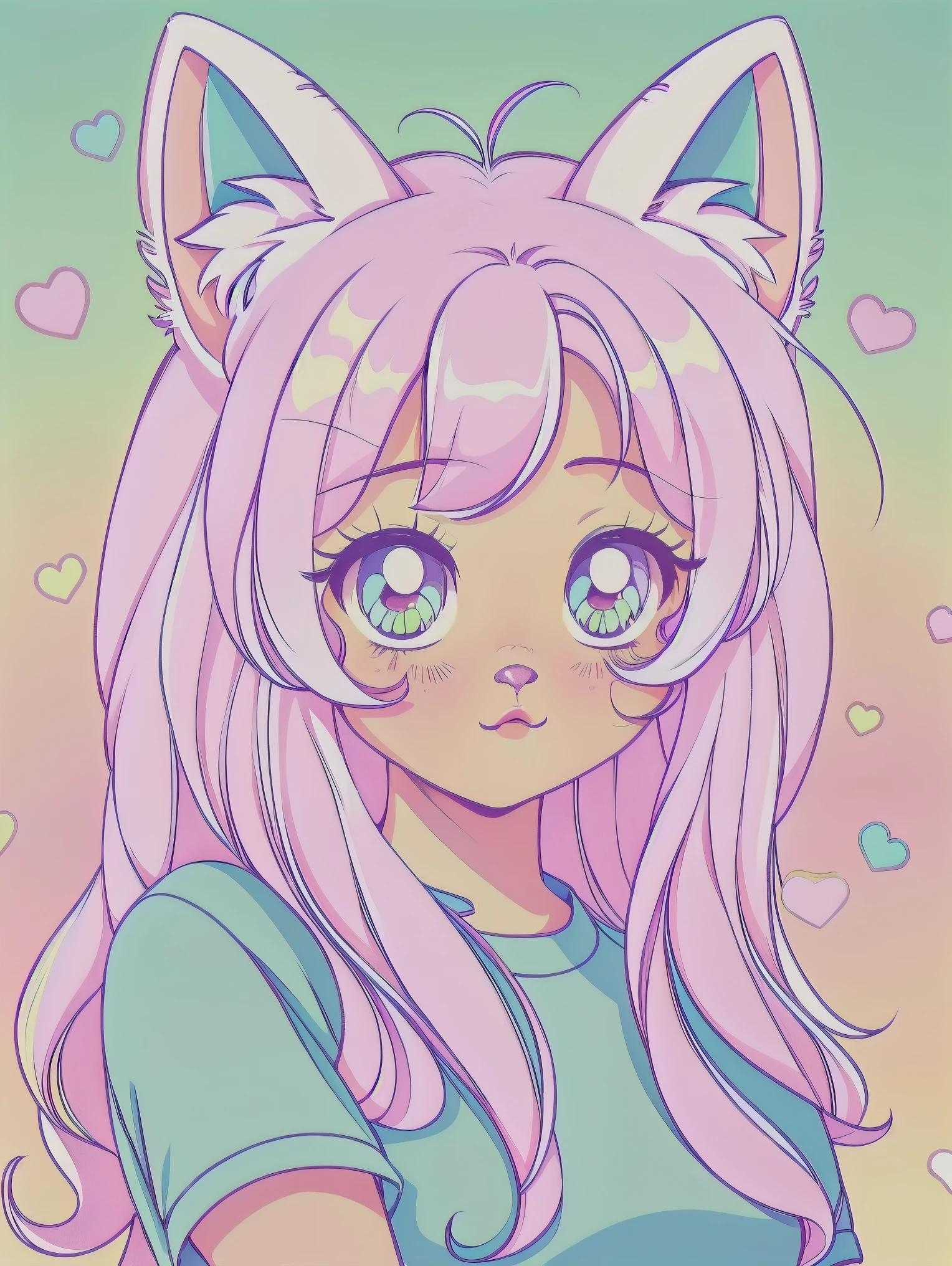 random cute korean catgirl, cat ears, pastel color palette, no background, pastel background, colorful background,
