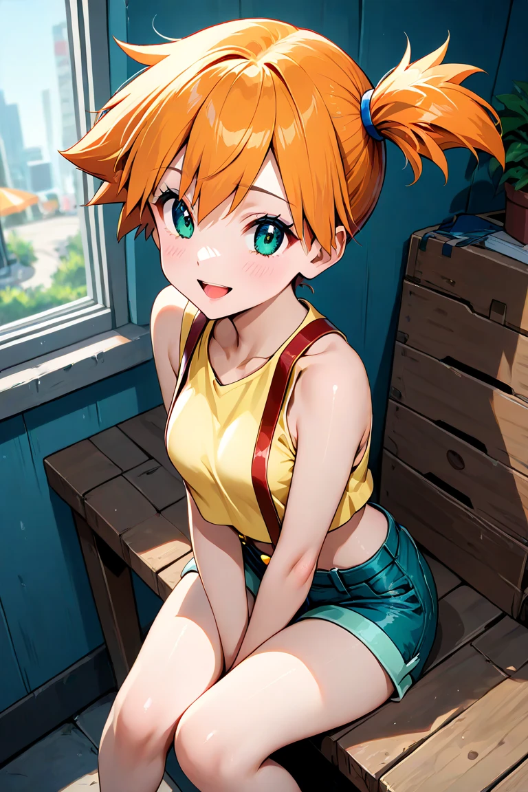(masterpiece, best quality), Misty from "pokemon", full-body shot , 1girl, indoors, big breast, H-cup, good breast, beautiful, gorgeous ,large breast, cleveage, expressive eyes, perfect face, hands on breasts, hands pushing breasts together, masturbation from below, Grab your own breasts, Misty_pokemon (( pokeball classic )) orange hair, side ponytail, yellow crop-top, denim shorts, sitting on floor, underboob,