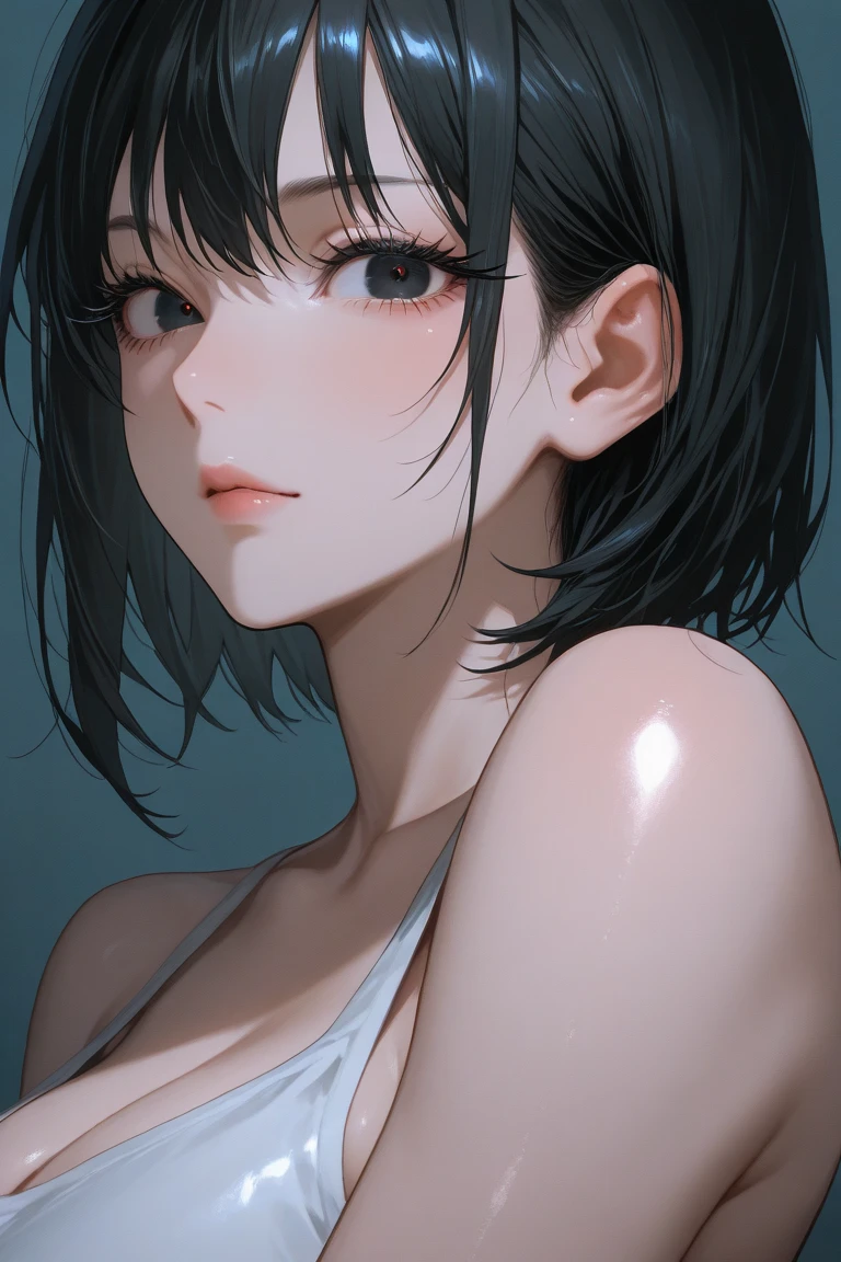(Top resolution、Distinct_image)top-quality、femele、masterpiece、ighly detailed、Semi-realistic、Black short hair、Dark hair、grey eyes、bangss、21years old、Mature、年轻、Exquisite facial features、Facial features,White Bikini