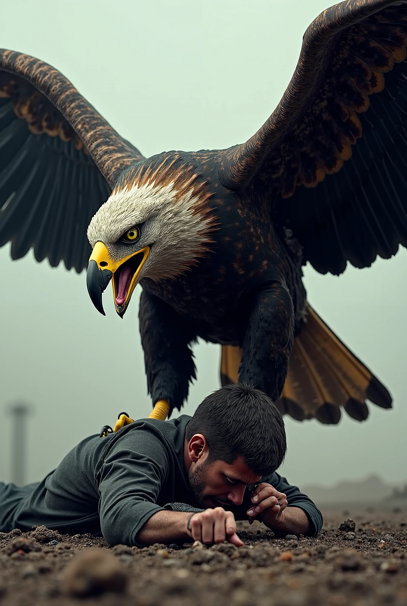 generates an animated image of an eagle with a humanoid body taking a seat on the face of a 20-year-old boy who is lying on the ground for fun, The eagle farts green in the boy&#39;s face 