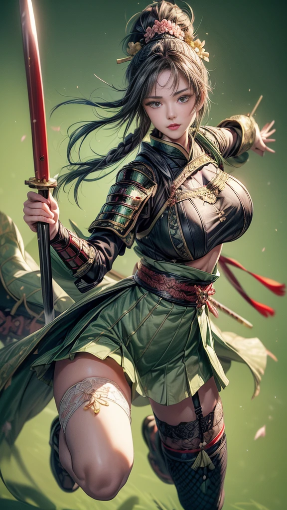 a woman in a green dress holding a sword and a flower, inspired by Li Mei-shu, inspired by Shen Zhou, inspired by Wu Li, inspired by Wu Zuoren, yun ling, inspired by Ju Lian, inspired by Li Tang, full body xianxia, inspired by Qiu Ying, inspired by Lan Ying, xianxia hero, Highly detailed CG unit 8k wallpaper, masterpiece, High resolution, highest quality, highest quality real texture skin, Super Real, Digital Painting, Best image quality, 最High resolution, 8k, ((Highly detailed eyes and face, Beautiful eyes every detail)), 1girl, Full Body Shot, (Cleavage, Saggy breasts, Gravity-dependent breasts, long chest, Heavy chest, disproportionate breasts, huge breasts, sagging breasts, gigantic breasts, erect nipple), Off the shoulder,