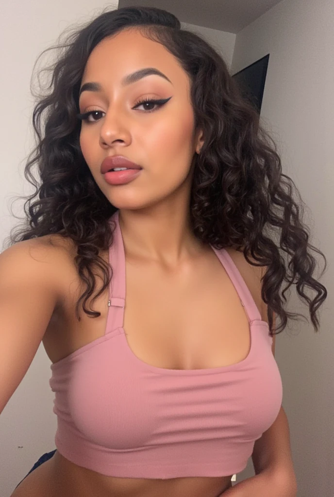 there is a woman with a white top and, light skin, curly bangs and ponytail, curly bangs, curly middle part haircut, light skinned african young girl, curly, curly haired, olive skinned, with brown skin, light skin tone, she has olive brown skin, curls on top, light-brown skin, brown curly hair, messy curly hair, closed mouth, 38dd bra size, slim waist, 36DDD butt size, full body, height 5’0,