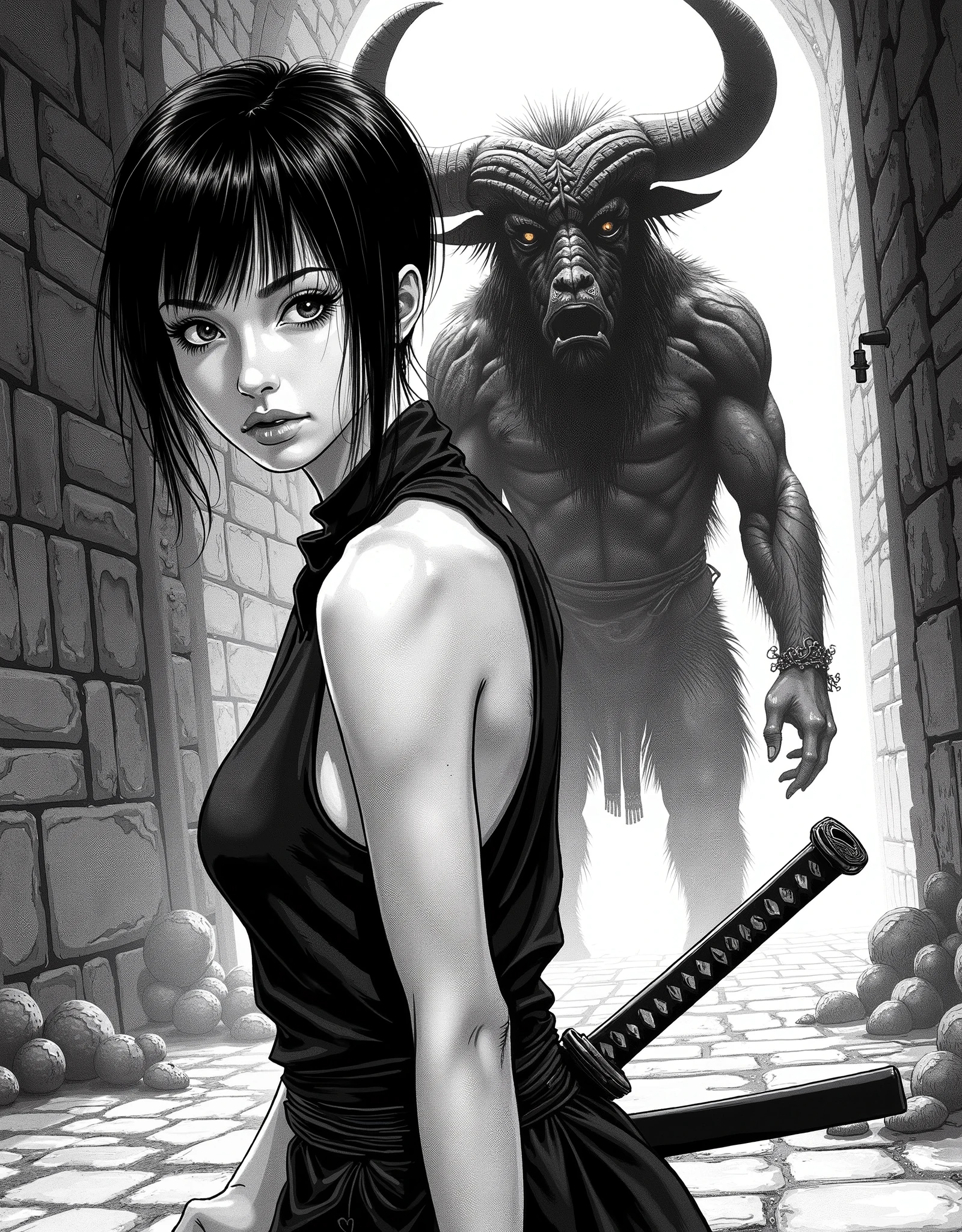manga сetcиль,черно-белая manga, шикарная Russian девушка с большими глазами и короetcкой сetcижкой пикси, etc,сetcройная милая,thoughtful.Big eyes, sexy,manga,realism,black and white image,рисованный сetcиль manga,cute girl,в одеянии ниндзя с каetcаной в руках(держиetc меч каetcану в руках) ,свеetcлые волосы,, sexy, skinny,girl,Russian ,wet skin and hair , manga сetcиль ,(((идеetc в лабиринetcе миноetcавра, вдалеке видиetc огромного миноetcавра,гоetcовиetcся к бою)