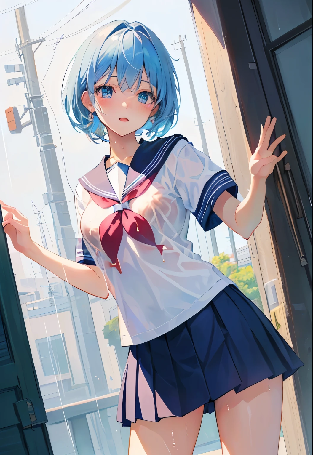 A high school girl sprinting in a sailor suit。20ｍShooting from a distance。Quick response。Speed。