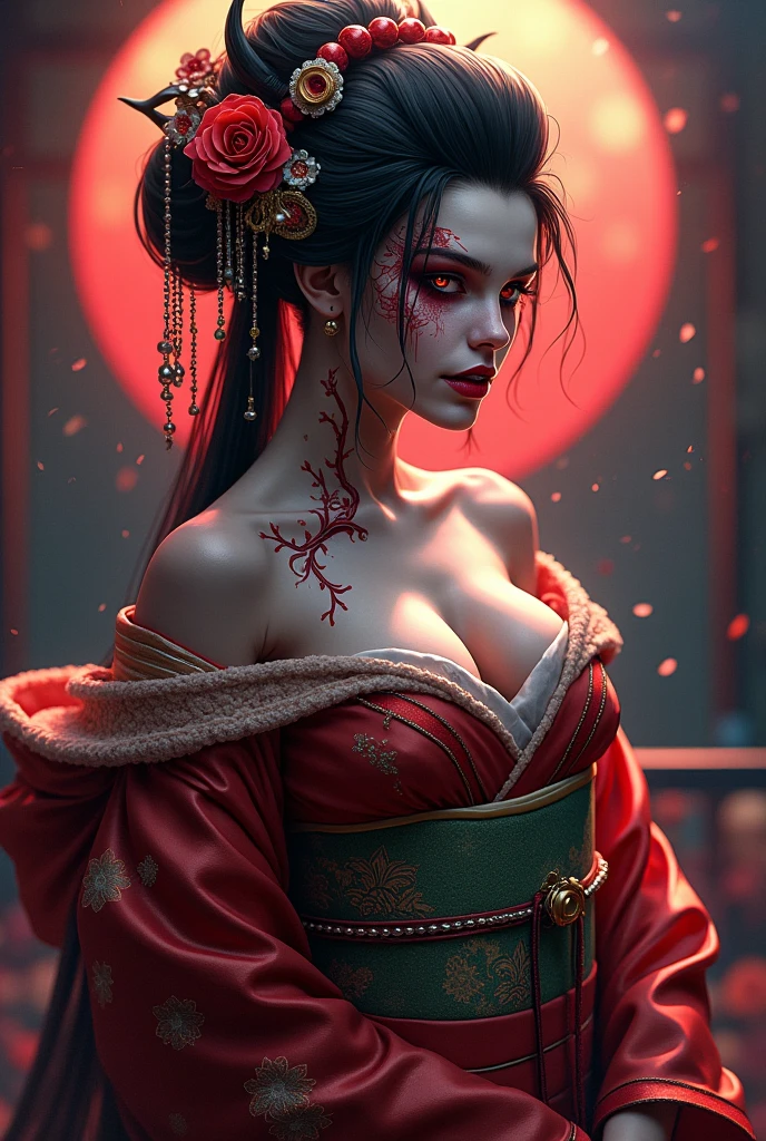 "(The best lighting, oscuro, dramatic),(geisha escupiendo espaguetis con tinta roja calavera alien, Cicatrices, sexy, cerebro, sangre, una rata dentro de la cabeza, terror.),(ojos rojos, calaveras). morning light.