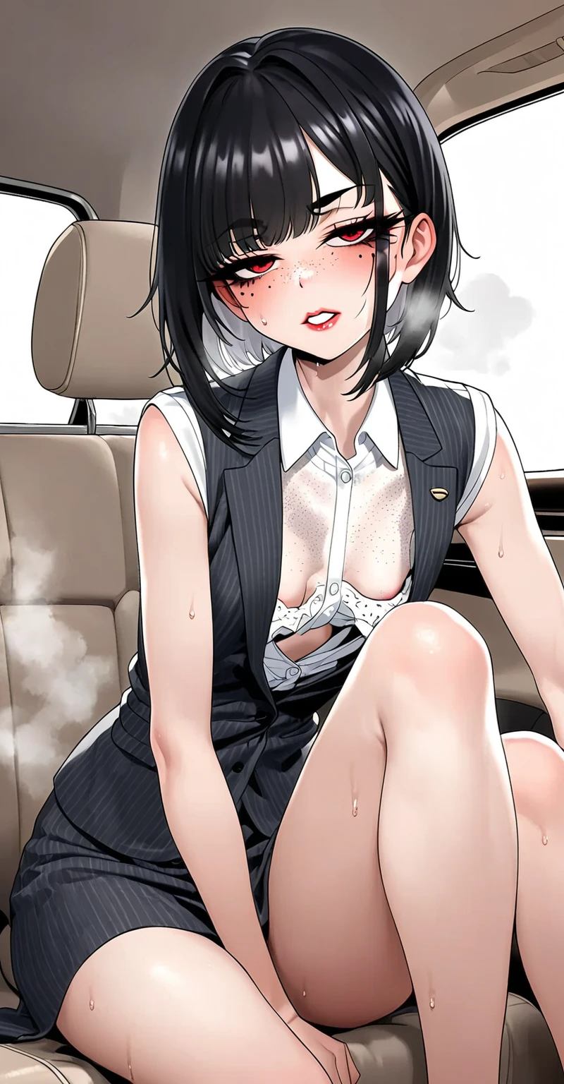(masterpiece,best quality),1woman solo,cowboy shot,20 year old beauty、black hair,long hair,blunt bangs,black eyes,shy look、ideal ratio body proportions,slender body,medium breasts,gleaming skin,Perfect Anatomy:1.2,female masturbation,hand touching crotch、sitting,(spread legs:1.5),sweat,wet crotch,(black blazer jacket、white shirt、black tie、black tight skirt、mini skirt、vagina,wet crotch、thigh_gap, black_thighhighs),train、Inside the car、black leather seats、congestion、Tokyo、