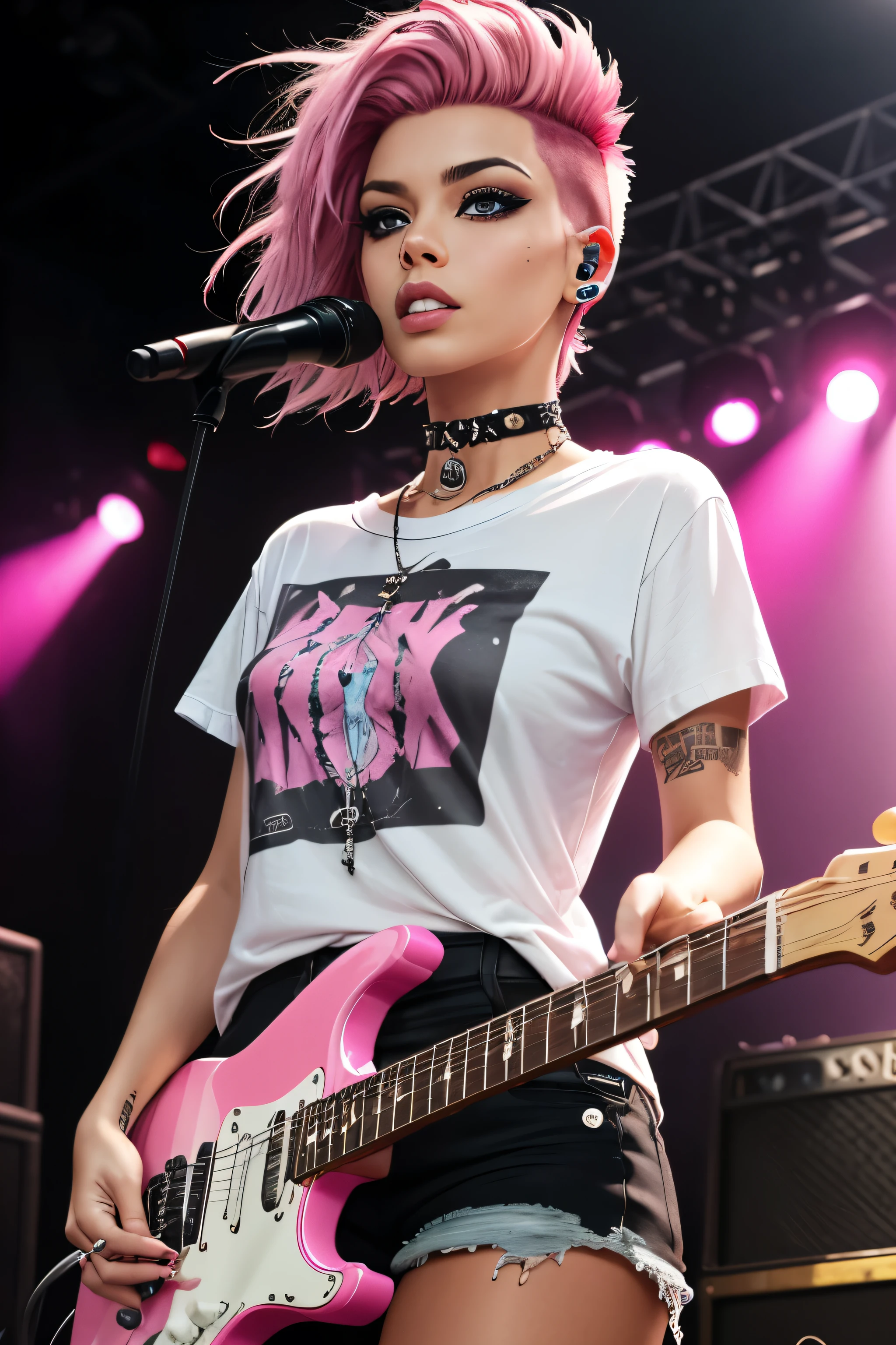 (best quality, masterpiece), ((1 Woman)), beautiful Woman, (blue eyes), (([Pink] hair, [Short] hair)), ((Punk Rocker HAir with Shaved sides)), small breasts, realistic, narrow waist, charming, Black makeup, Smoky eye shadow, Dark Eyeliner. long eyelashes, ((Tanned Skin)), (detailed face), detailed eyes, detailed iris, Ripped Jeans, ((Pink Tshirt)), Punk Rock Girl, Pink Choker, ((Holding Pink Guitar)) on stage at punk rock concert