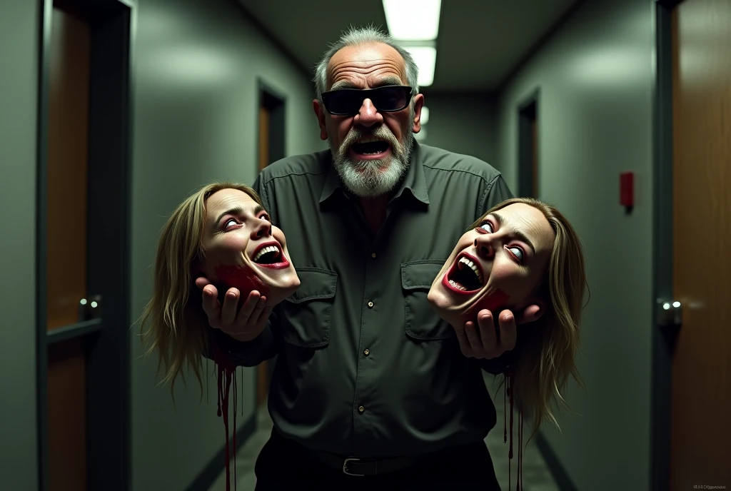 In this stylized image, a man and a woman are depicted with dramatic expressions against a dark background. The man is on the right, wearing a white coat that suggests he may be a doctor or medical professional. He has his mouth open as if he is shouting or expressing surprise, and his eyes are wide with shock. Your face is pale, which could indicate fear or intense emotion.
On the left, there is a woman with long hair, her mouth dripping with blood, immobilizing the man, threatening her with a scalpel.