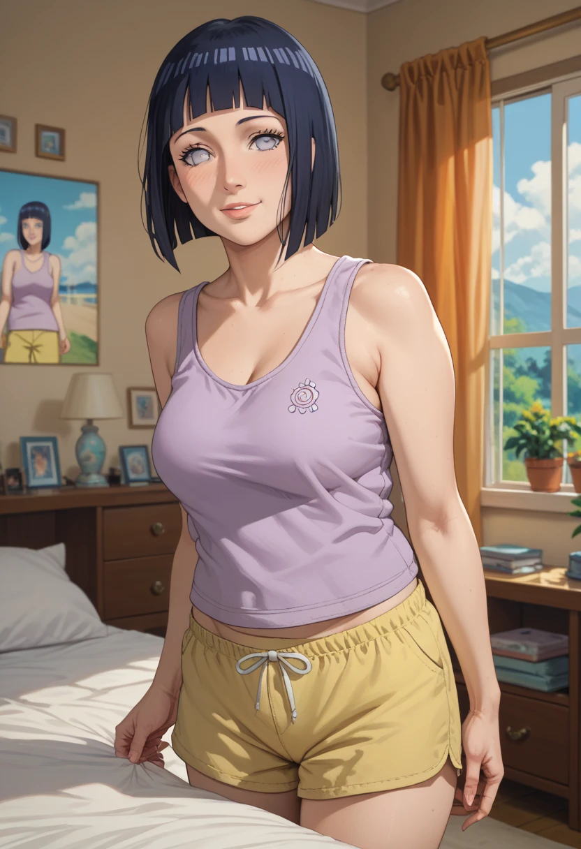 pixel-Komi-Shouko, from front <lora:komi-Shouko-LoRA:0.75>, masterpiece, best quality <hypernet:myhands_22k:0.75>, 1girl, scrunchie, messy bun, loose tank top, shorts, living room