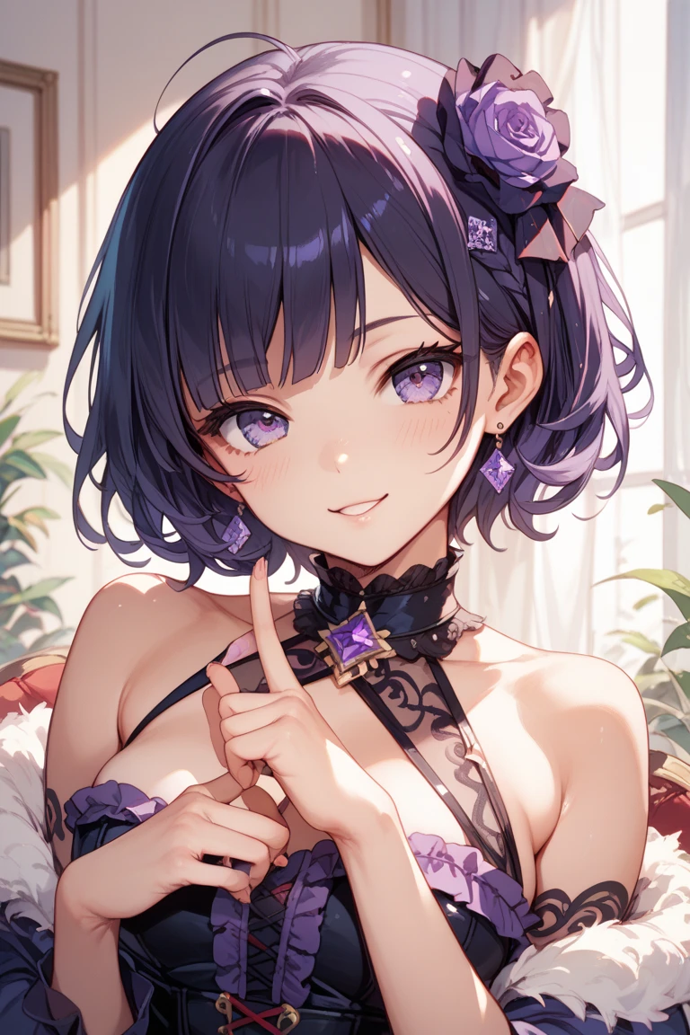 Brown short hair,Purple Eyes,Navy Blue Dress,Ring earrings,sitting cross-legged on a chair,