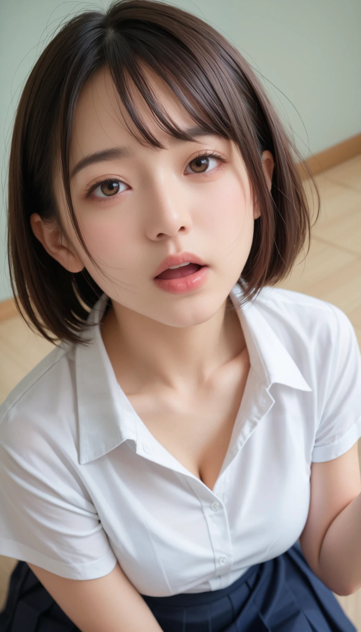 top-quality, ​masterpiece, 超A high resolution, (Photorealsitic:1.4), Raw photo, 1girl, beautiful japanese female, Beautiful skin, A dark-haired:1.7, gakki, ((short-hair:1.5)), 30-years old, happy laughing:1.2, Two men and women、girl with(Girl with very short black hair、closing eye、Sideways、Deep throat、Cheek your penis、Ejaculated in the mouth、Semen that accumulates in the mouth、Semen dripping from the mouth to the chest、Semen on the face)male (Pressing your hips to the girl's mouth、Screwing a penis into a girl's mouth、ejaculate、Sexual fluid gushes out from the tip of the penis)Japan High School Student Uniform、The button comes off and the nipple comes out、bustup、Close your eyes、shed tears、ecstacy、A thick penis is pushed deep into the throat、