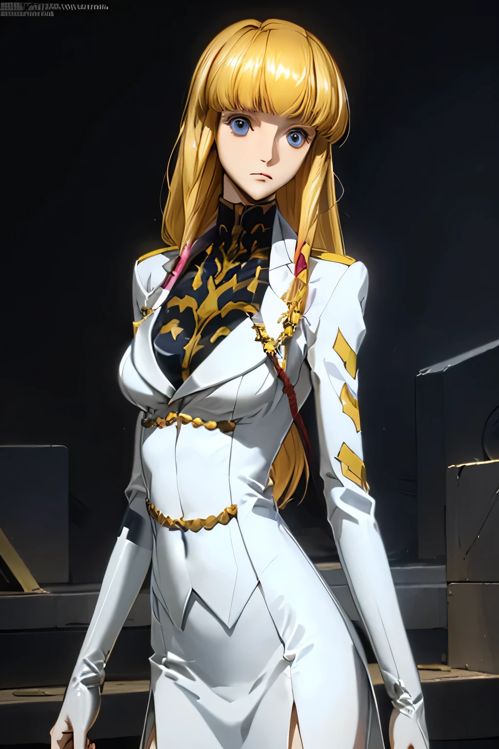 PERFECT ANATOMY top quality,highest resolution,(((shiny latex white military uniform Shiny Blonde Dark blue eyes shiny skin))) cord gears Monica long hair straight expressionless flat chest woman cool