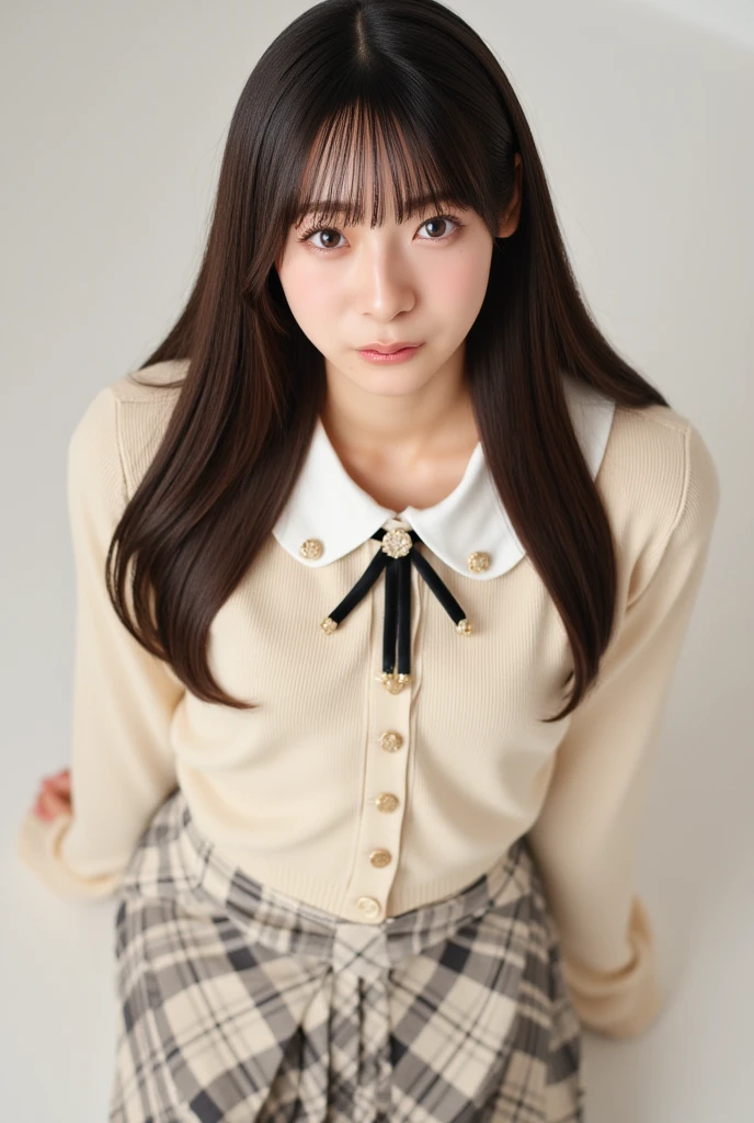 smile、night、Raw photo、(((ultimate beauty portrait)))、((glowing skin))、1 girl、20 year old beautiful girl in Prague、bright look、((brown hair))、(cleavage)、(plaid pleated skirt:1.5)、((Big eyes that shine like jewels))、open cardigan、open your clothes、pantyhose、Glossy and glossy skin、(medium hair)、(silky ponytail hair)、(standing)、(from below)、under the skirt、under the skirt、(from below下着の接写)、eyeliner、beautiful bangs、hair between eyes、((masterpiece、最high quality、super detailed、film light、intricate details、High resolution、very detailed))、detailed background、8KUHD、Digital single-lens reflex camera、soft light、high quality、film grain、Fujifilm XT3 、shallow depth of field、natural soft light、Kamimei、rich bust